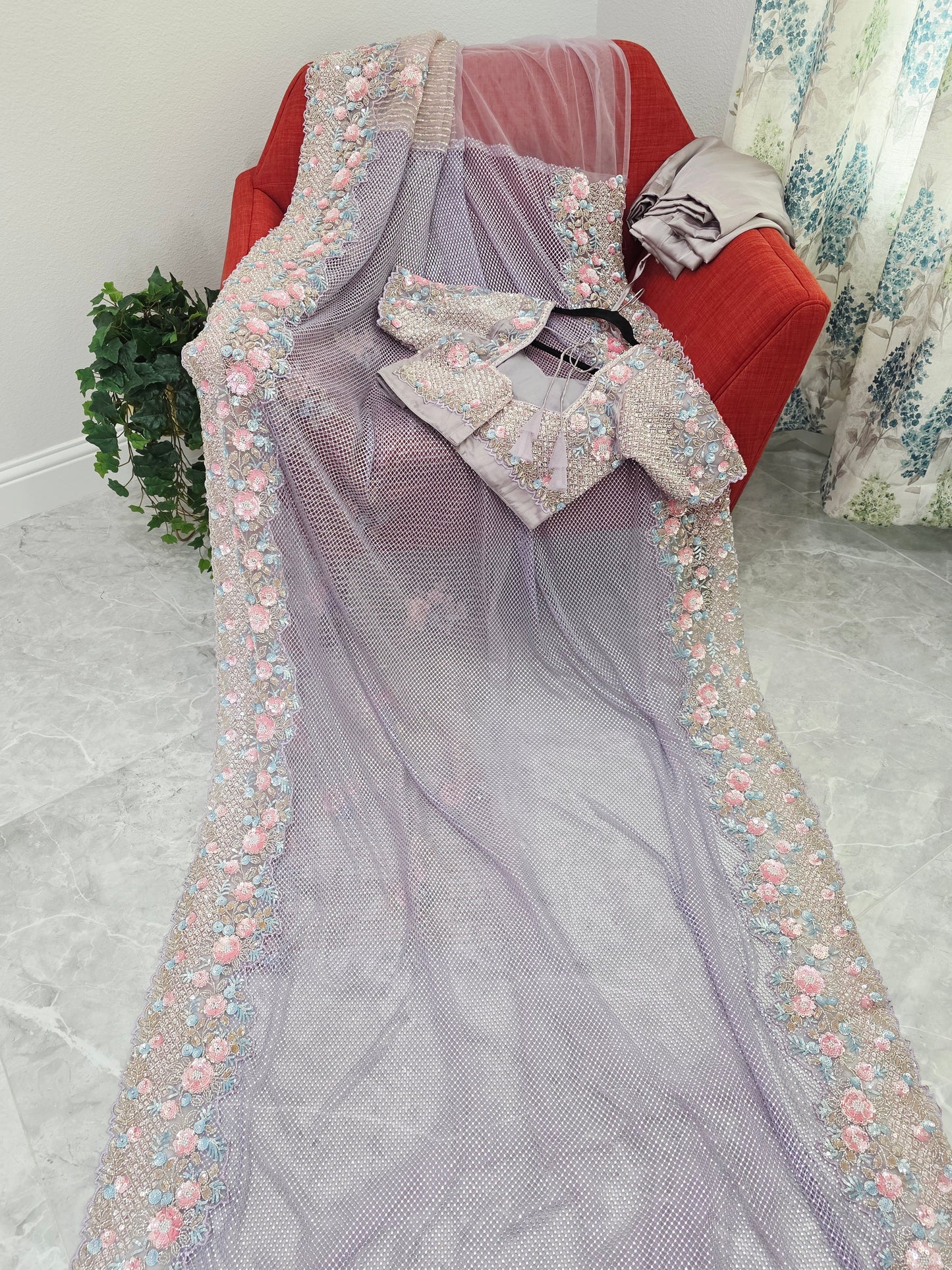 Lavender Mist Pearl Designer Saree with Stone & Sequins Embroidery Stitched Blouse