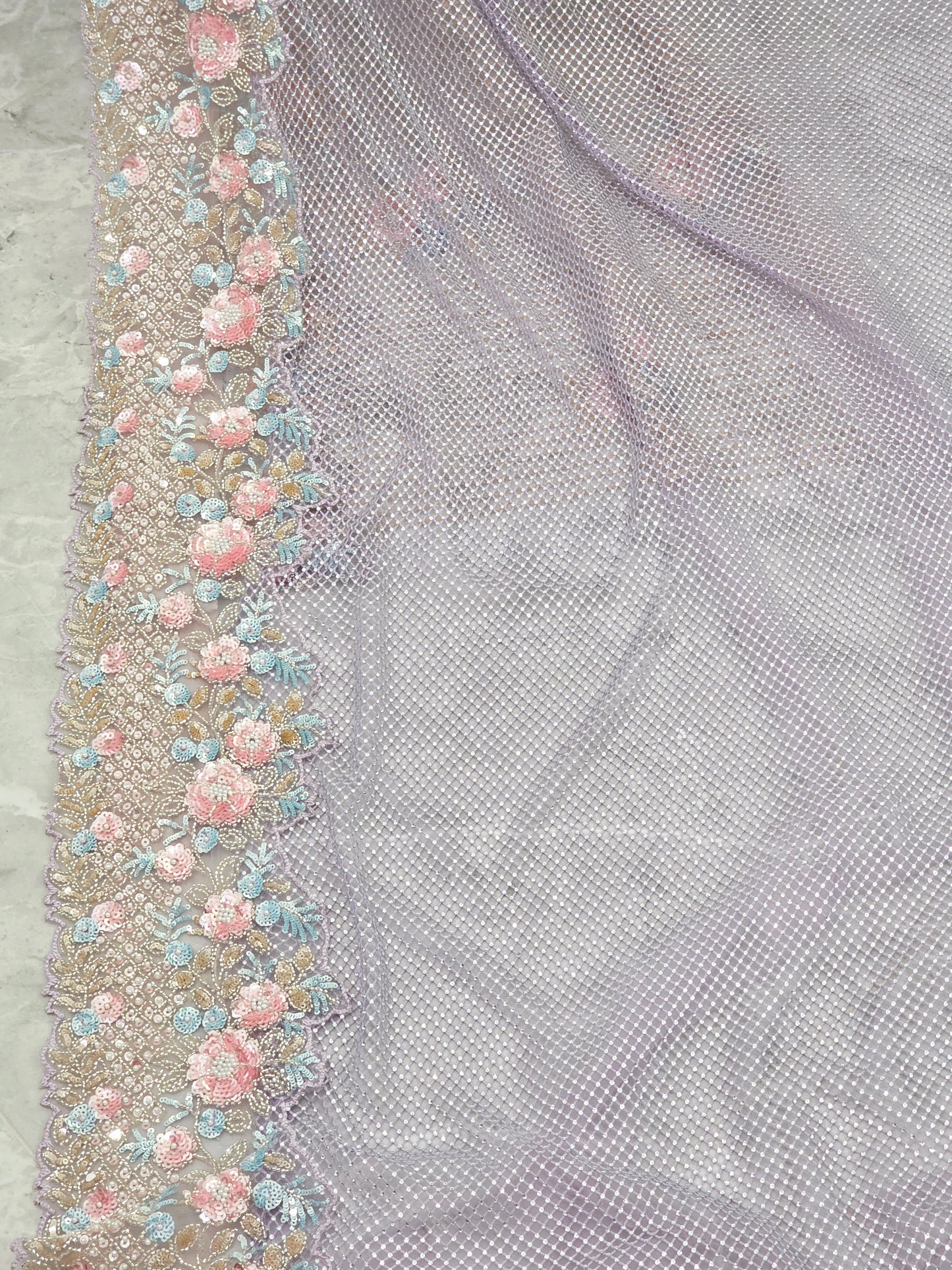 Lavender Mist Pearl Designer Saree with Stone & Sequins Embroidery Stitched Blouse