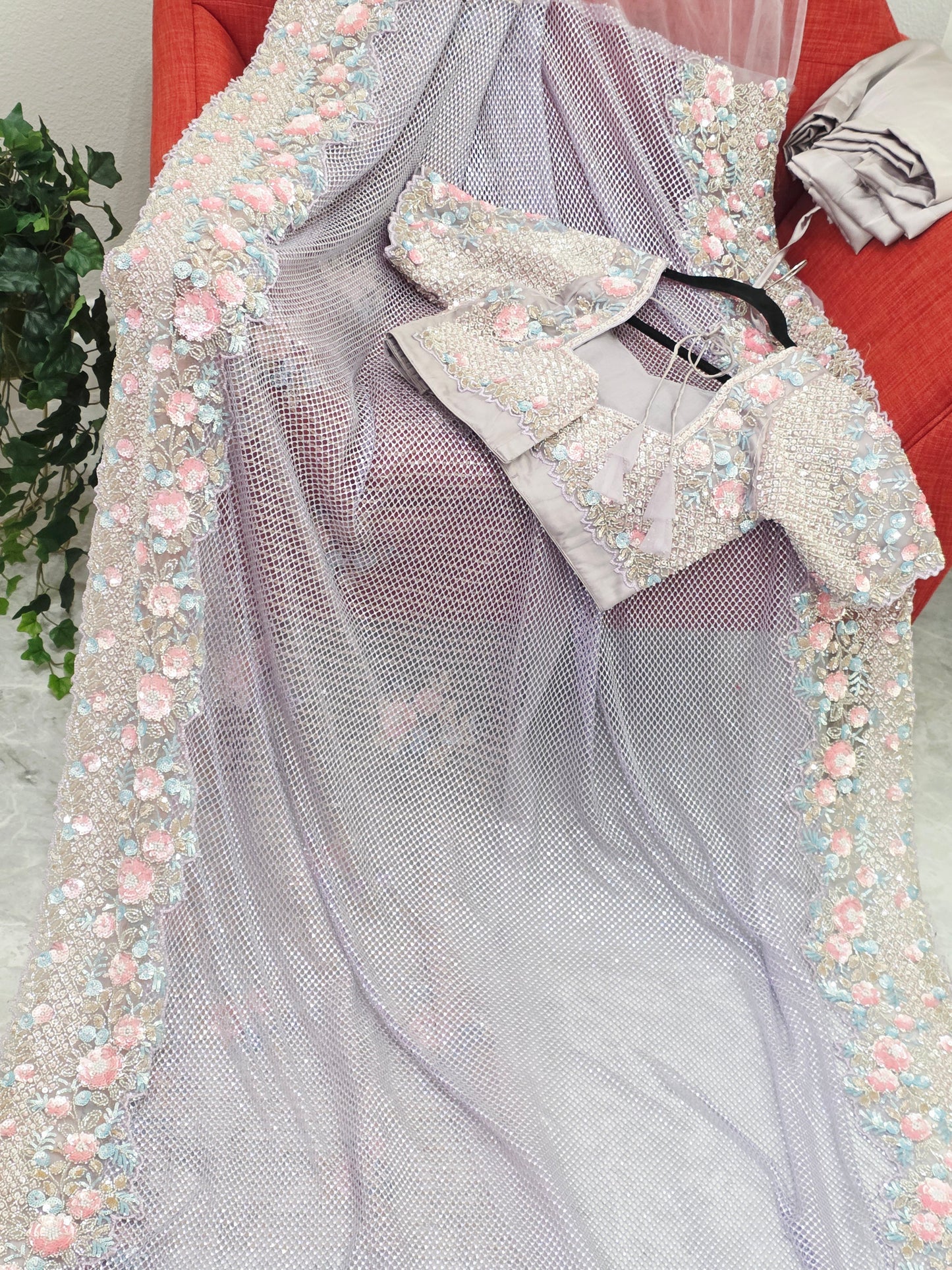 Lavender Mist Pearl Designer Saree with Stone & Sequins Embroidery Stitched Blouse