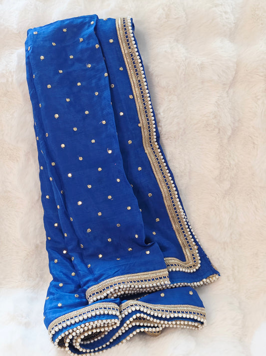Cobalt Blue Chinon Chiffon Pearl Lace Border Dupatta Suitable for Lehenga & Dress Wear