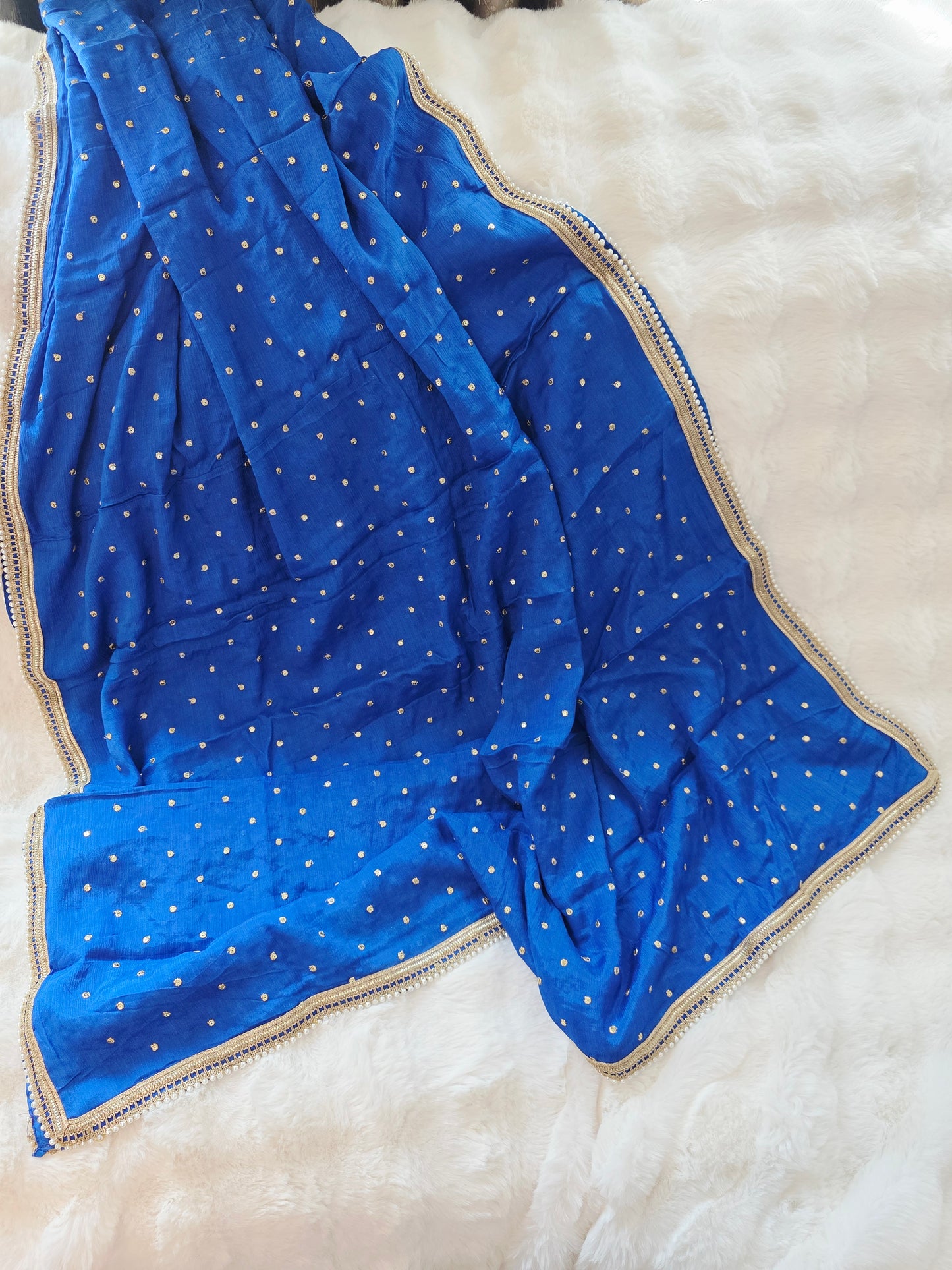 Cobalt Blue Chinon Chiffon Pearl Lace Border Dupatta Suitable  for Lehenga & Dress Wear