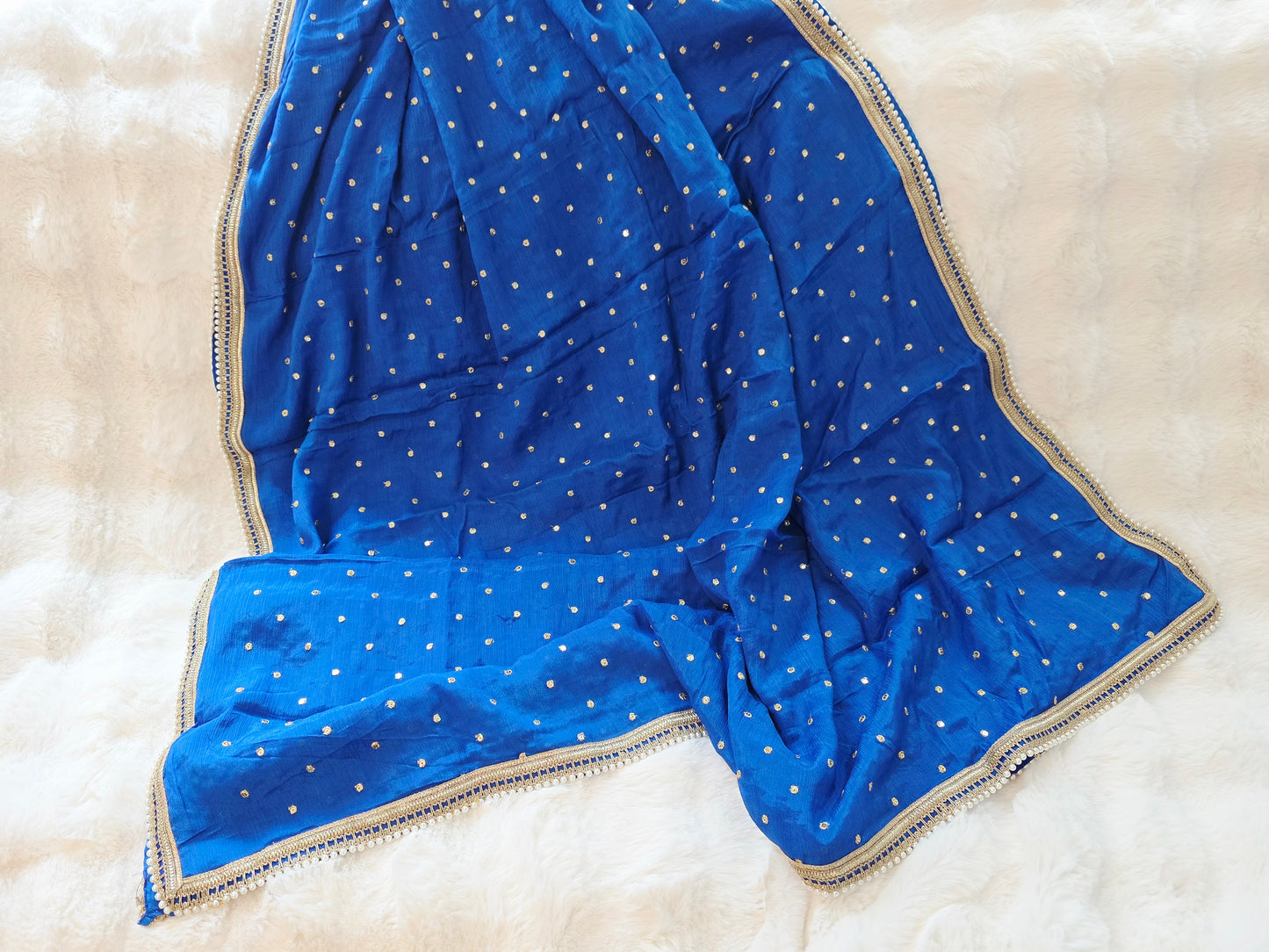Cobalt Blue Chinon Chiffon Pearl Lace Border Dupatta Suitable  for Lehenga & Dress Wear