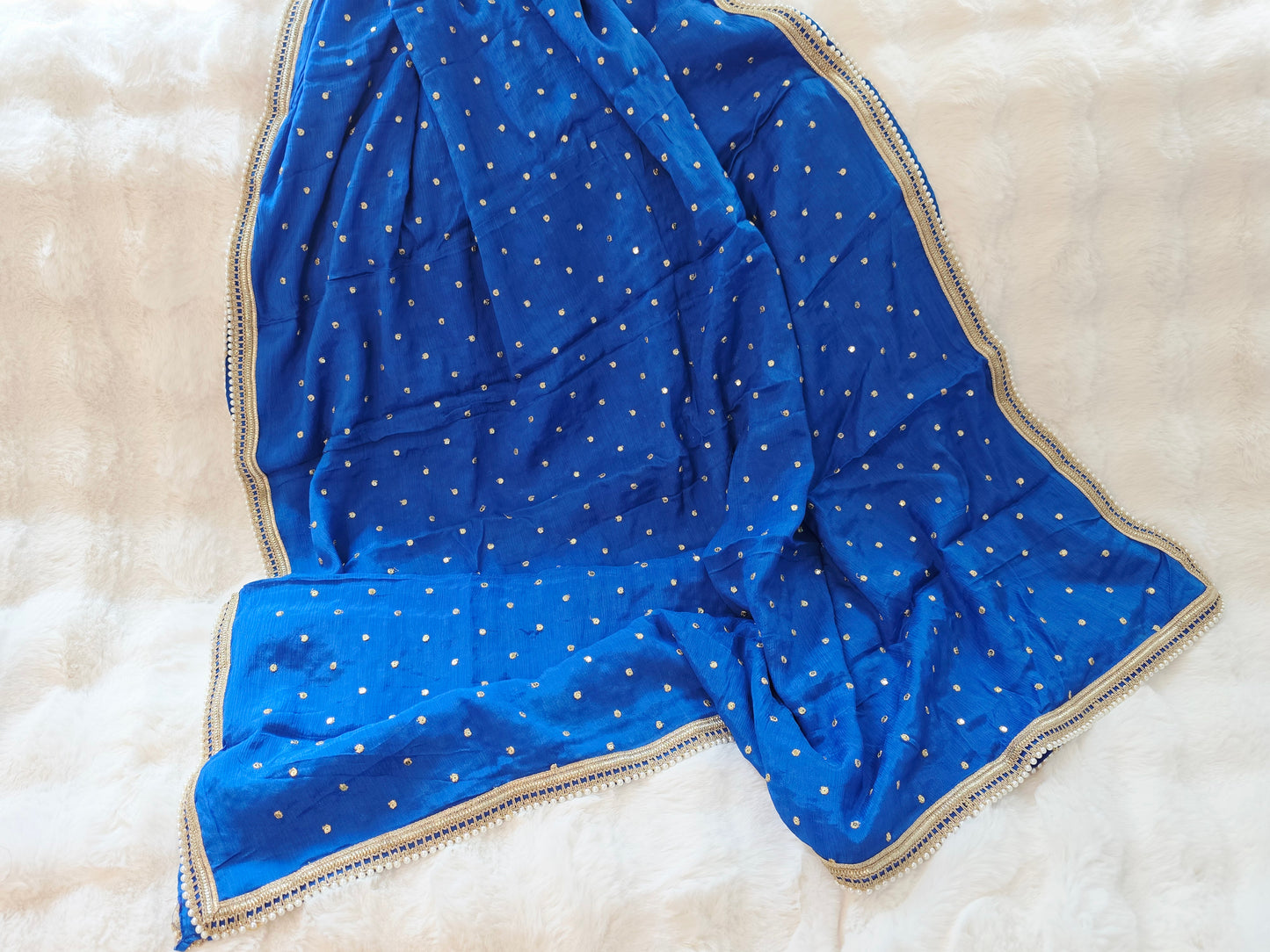 Cobalt Blue Chinon Chiffon Pearl Lace Border Dupatta Suitable  for Lehenga & Dress Wear