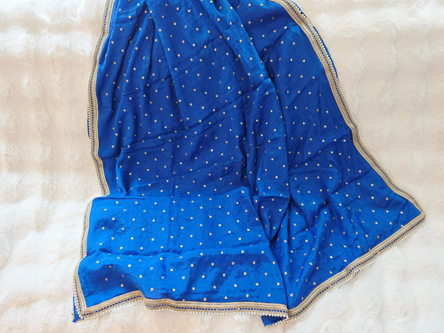 Cobalt Blue Chinon Chiffon Pearl Lace Border Dupatta Suitable  for Lehenga & Dress Wear