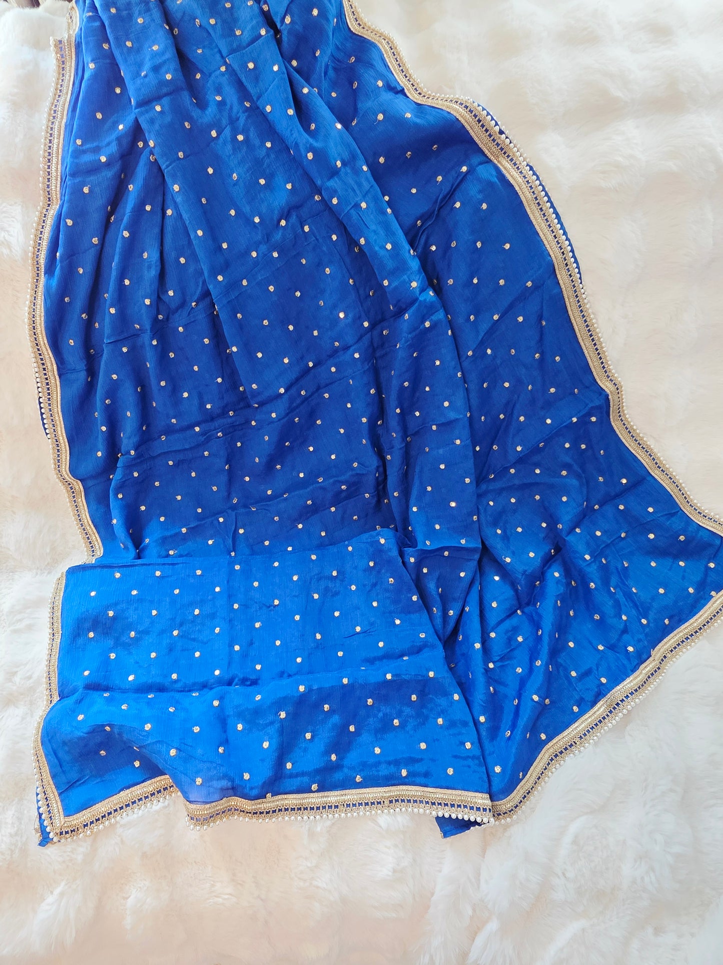 Cobalt Blue Chinon Chiffon Pearl Lace Border Dupatta Suitable  for Lehenga & Dress Wear