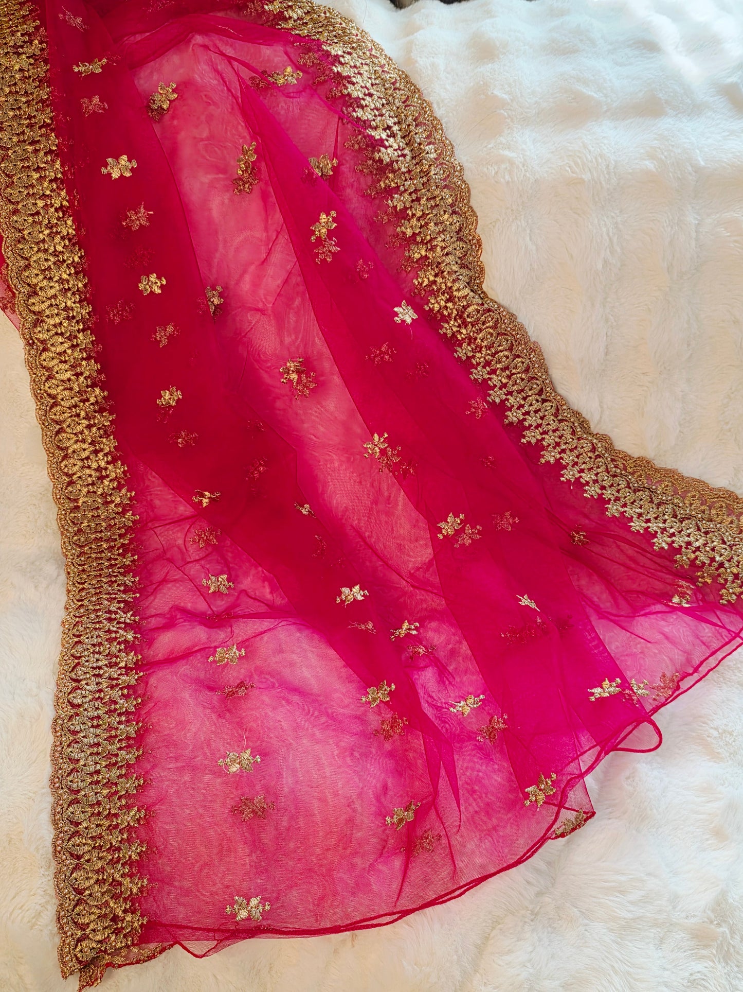 Cerise Pink Net Dupatta  for Lehenga Dresses Wedding Festive Ethnic Wear