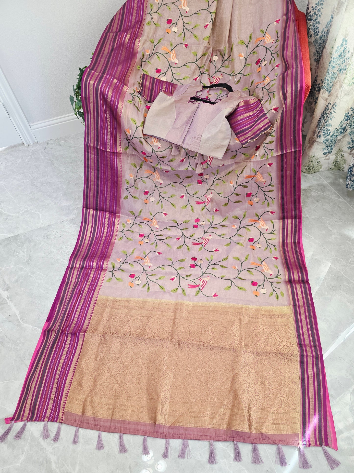 Lavender Mist & Royal Magenta Zari Tissue Saree with Bird Embroidery