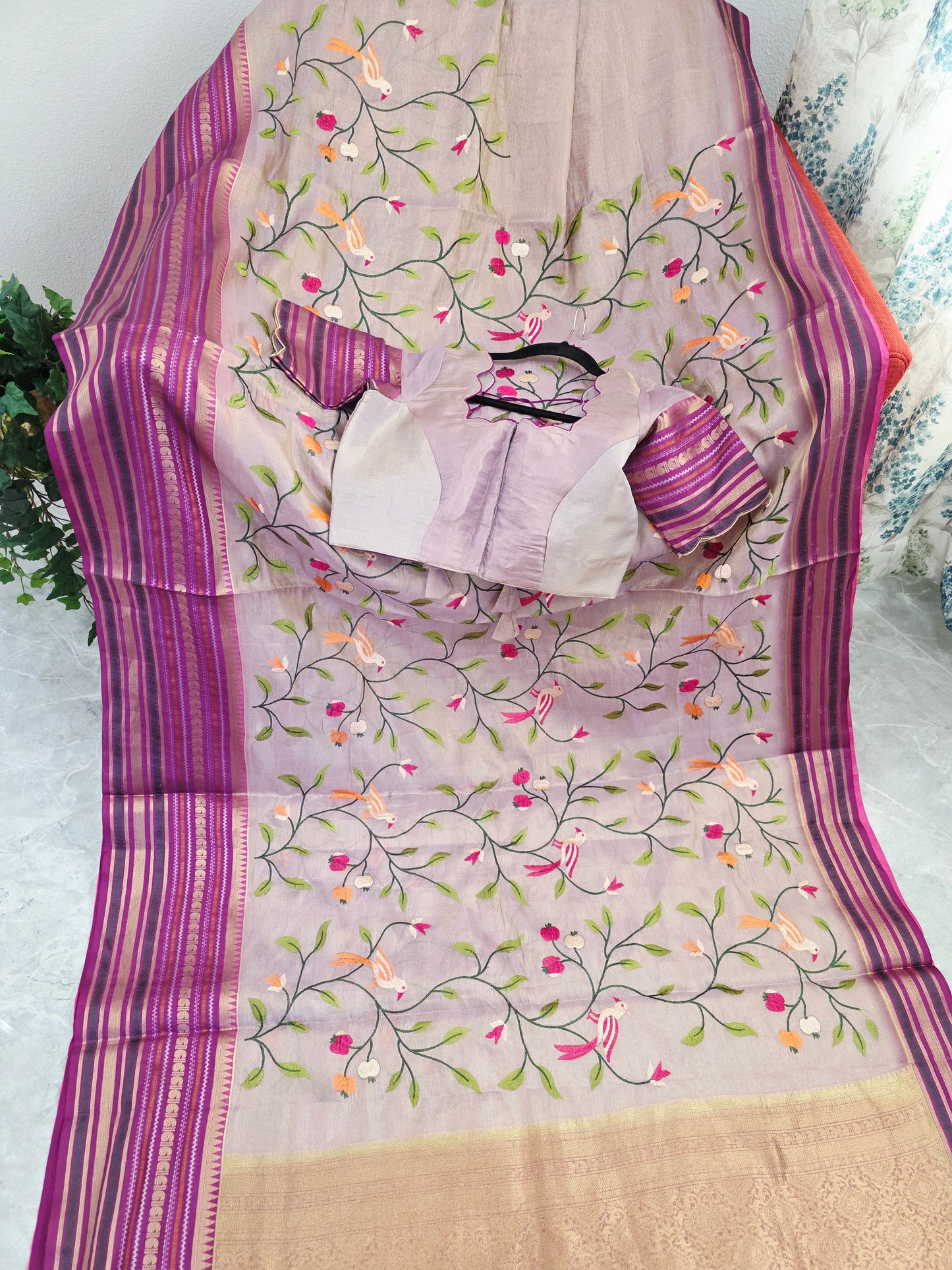 Lavender Mist & Royal Magenta Zari Tissue Saree with Bird Embroidery