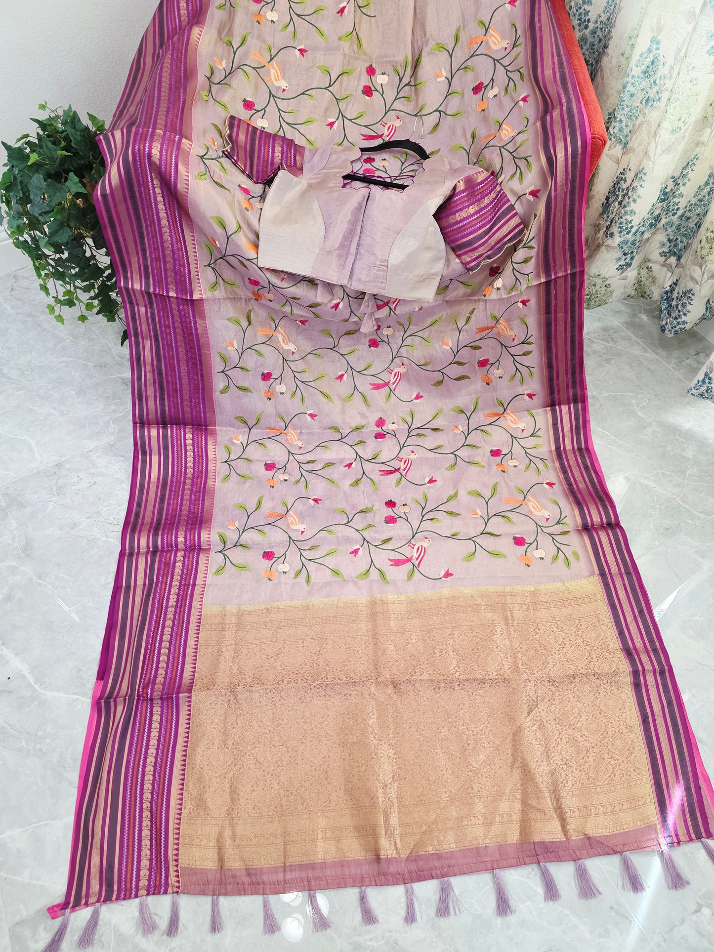 Lavender Mist & Royal Magenta Zari Tissue Saree with Bird Embroidery