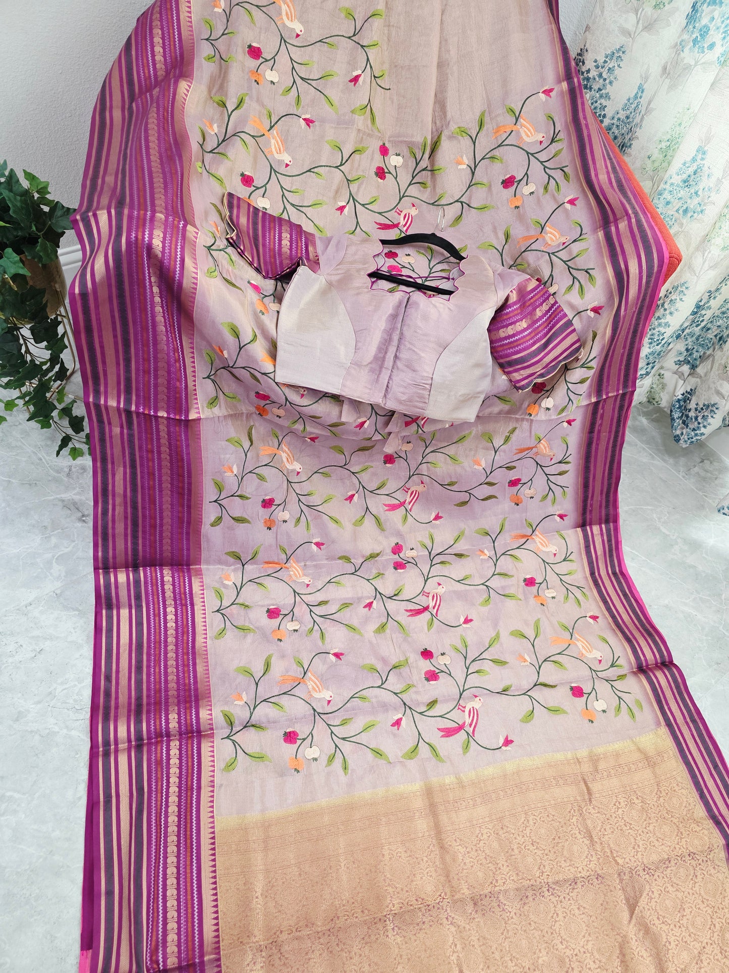 Lavender Mist & Royal Magenta Zari Tissue Saree with Bird Embroidery
