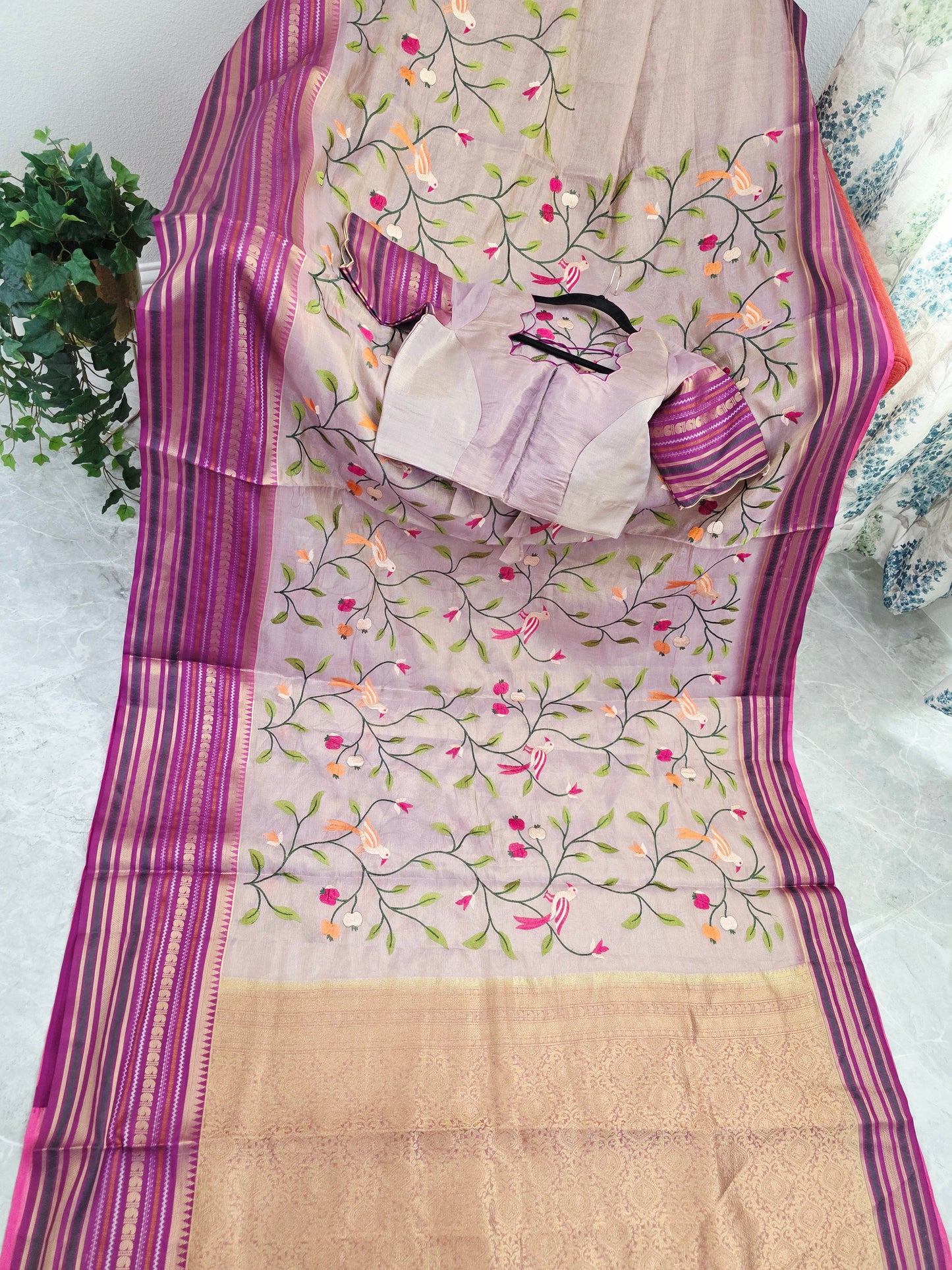Lavender Mist & Royal Magenta Zari Tissue Saree with Bird Embroidery