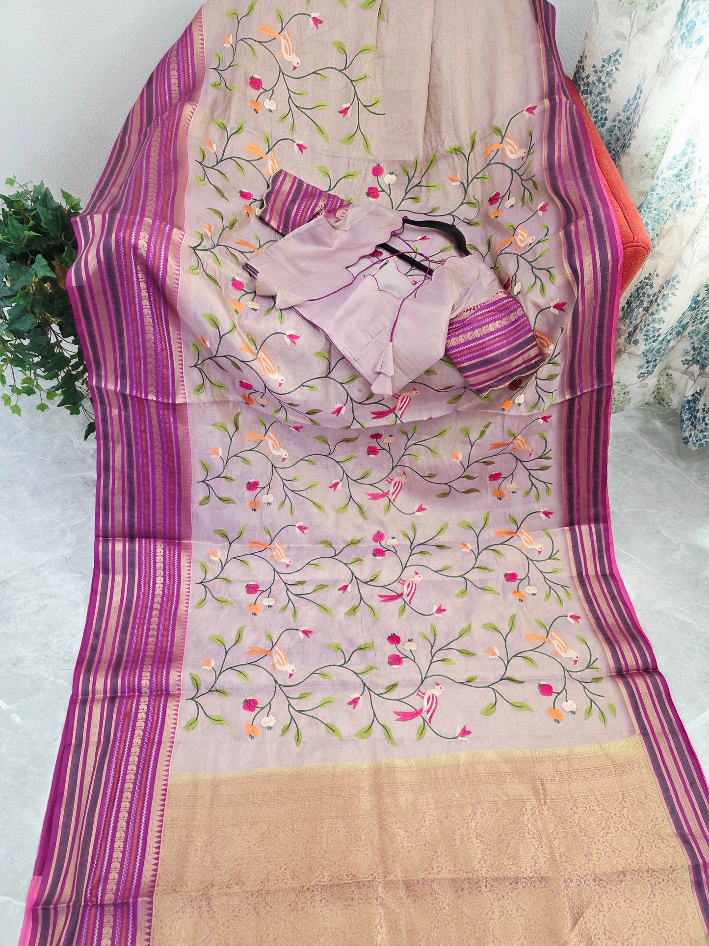 Lavender Mist & Royal Magenta Zari Tissue Saree with Bird Embroidery