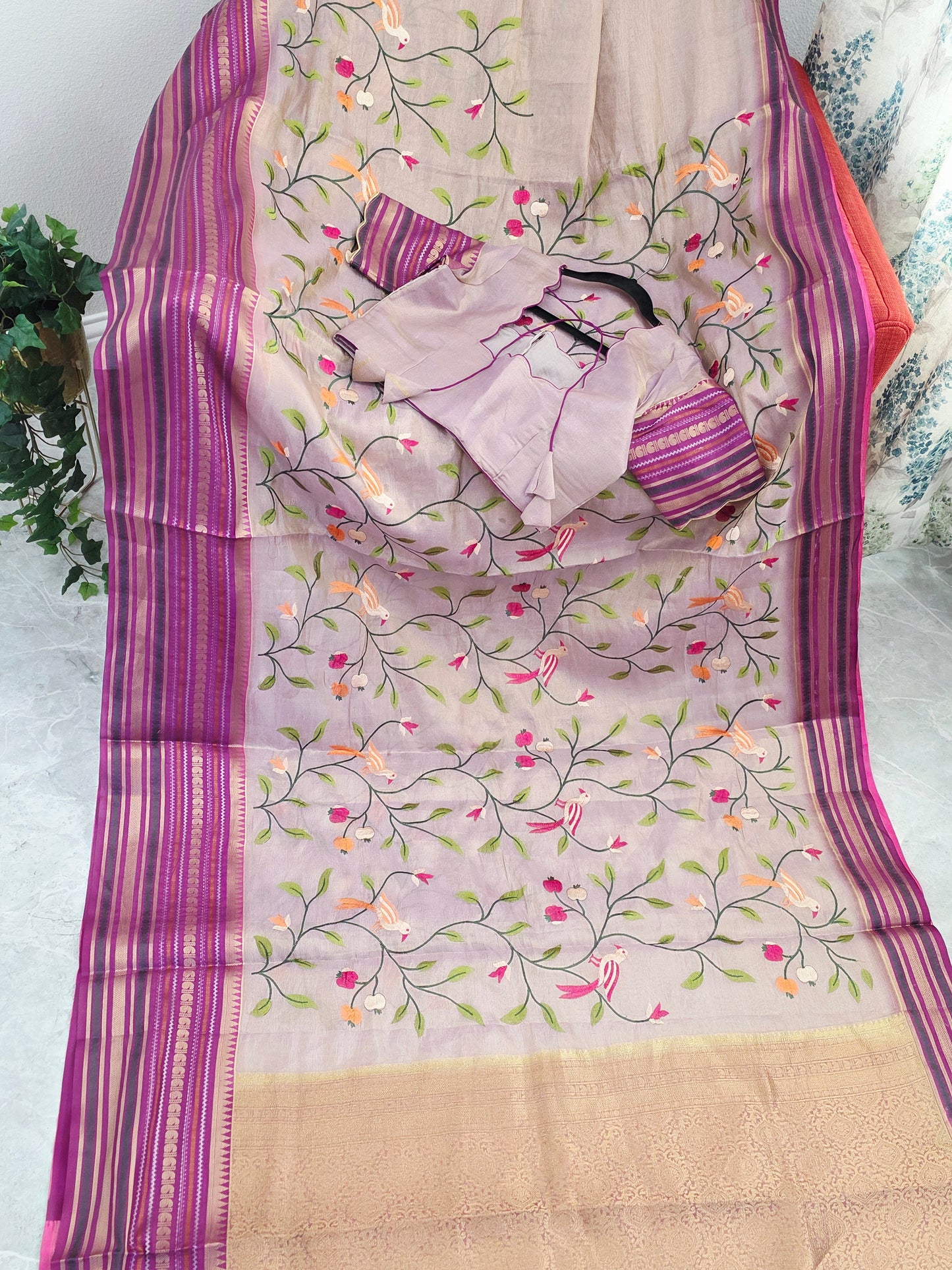 Lavender Mist & Royal Magenta Zari Tissue Saree with Bird Embroidery