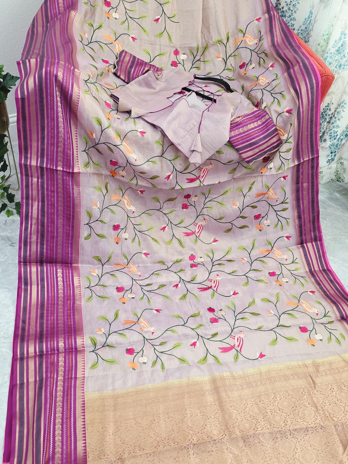 Lavender Mist & Royal Magenta Zari Tissue Saree with Bird Embroidery