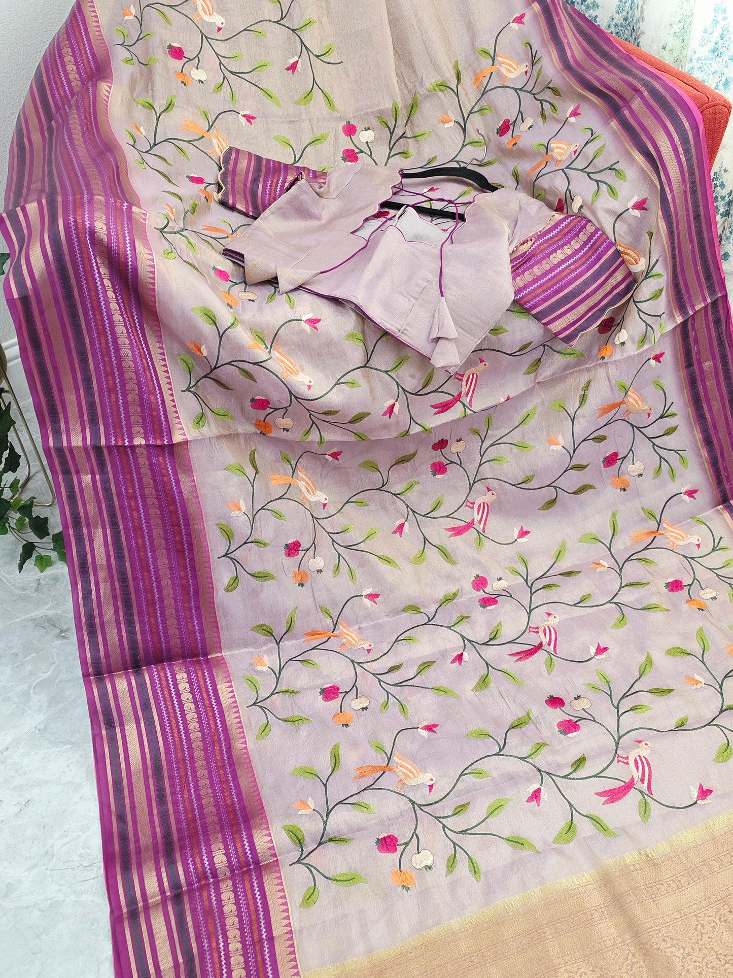 Lavender Mist & Royal Magenta Zari Tissue Saree with Bird Embroidery
