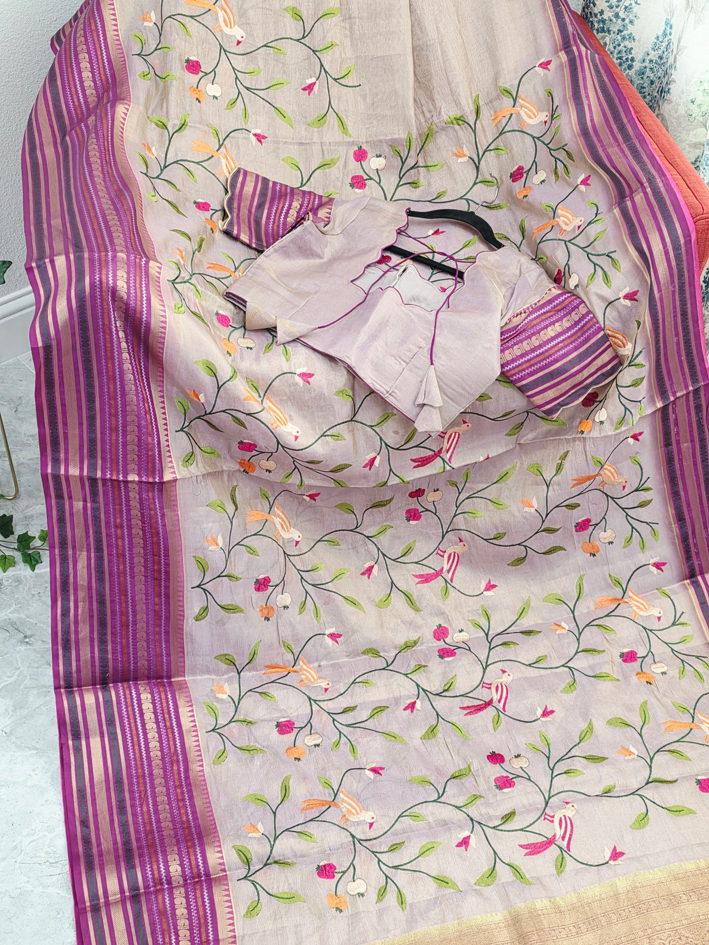 Lavender Mist & Royal Magenta Zari Tissue Saree with Bird Embroidery