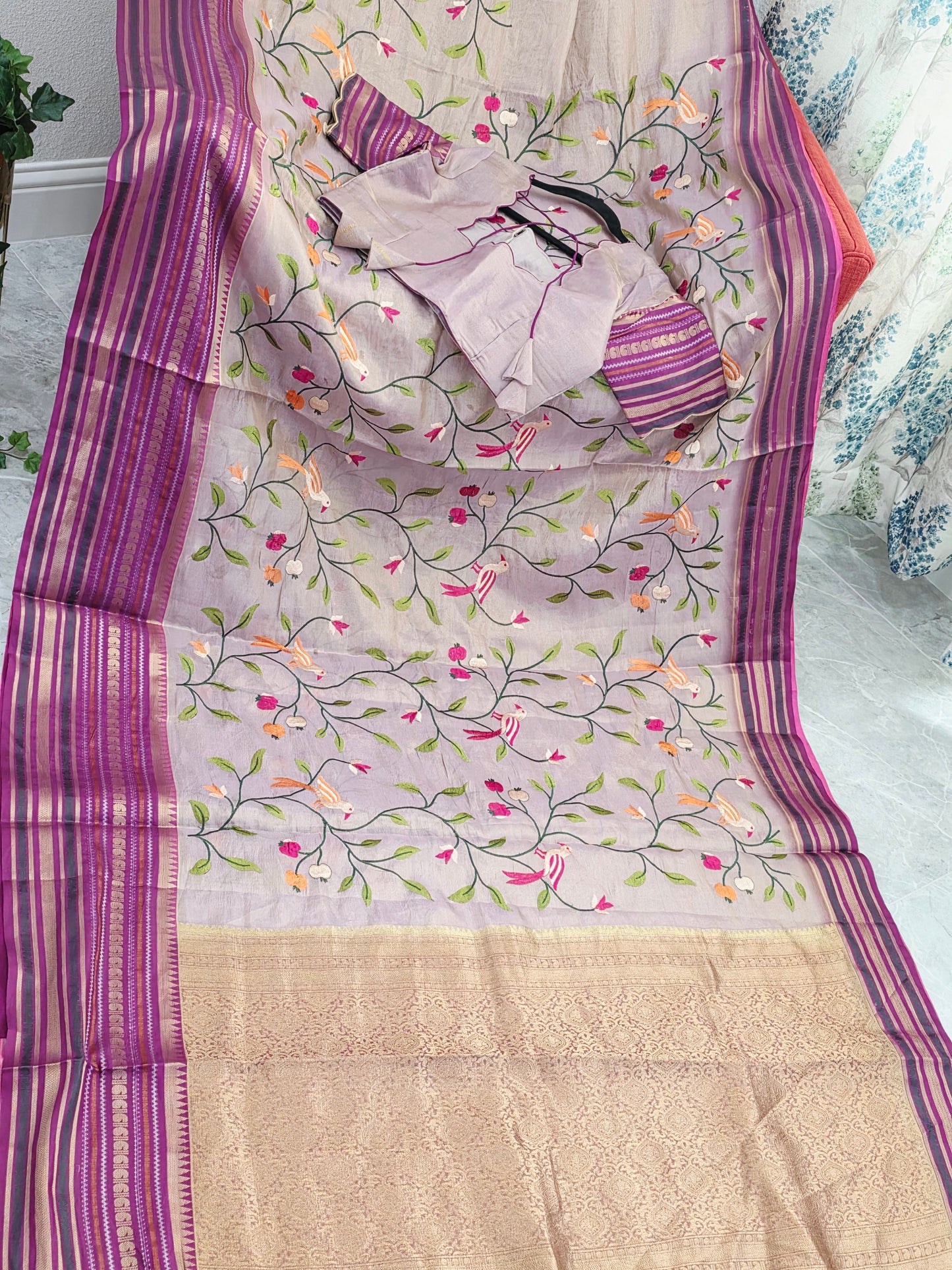 Lavender Mist & Royal Magenta Zari Tissue Saree with Bird Embroidery