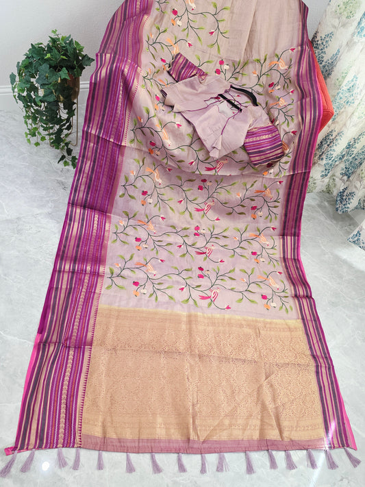 Lavender Mist & Royal Magenta Zari Tissue Saree with Bird Embroidery