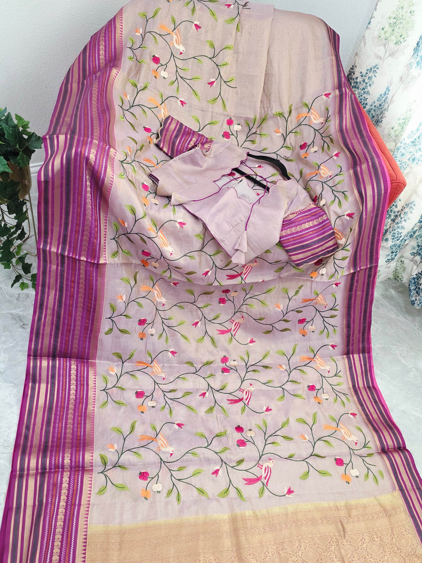 Lavender Mist & Royal Magenta Zari Tissue Saree with Bird Embroidery