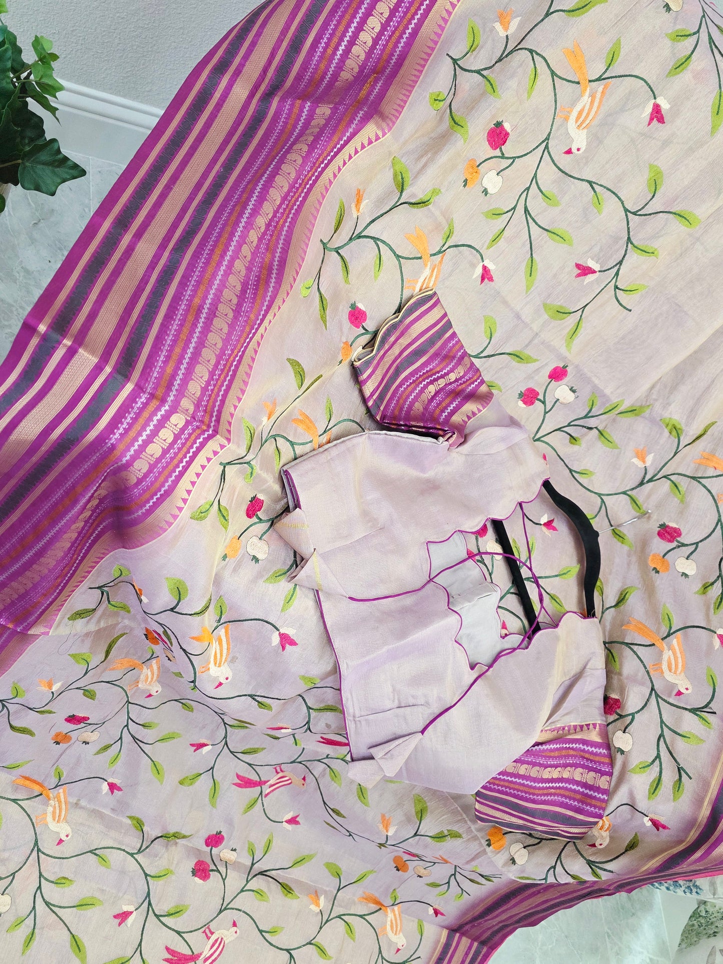 Lavender Mist & Royal Magenta Zari Tissue Saree with Bird Embroidery
