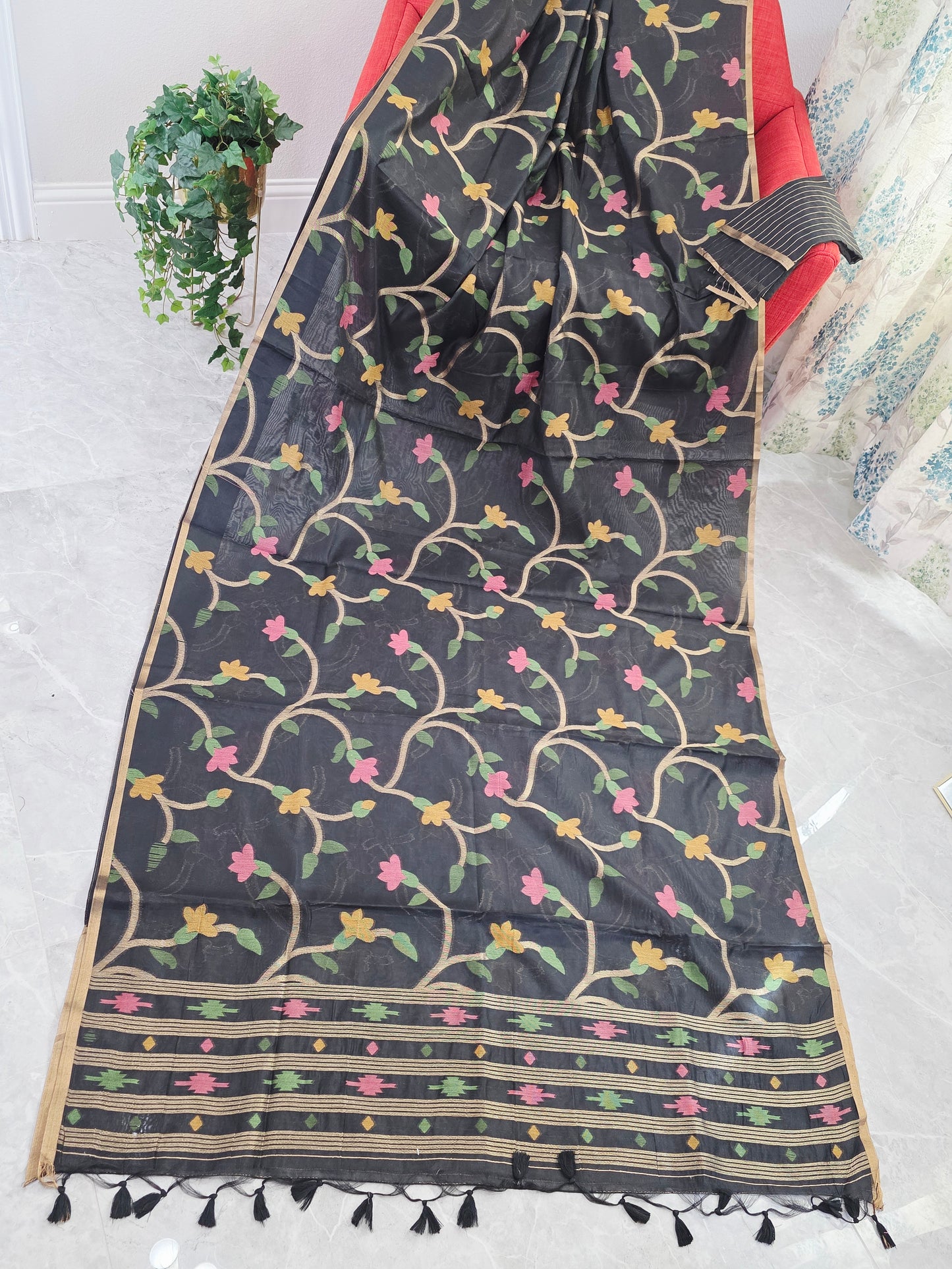 Midnight Noir Garden Jamdani Silk Cotton Saree with Pastel Floral Weave