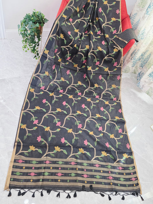 Midnight Noir Garden Jamdani Silk Cotton Saree with Pastel Floral Weave