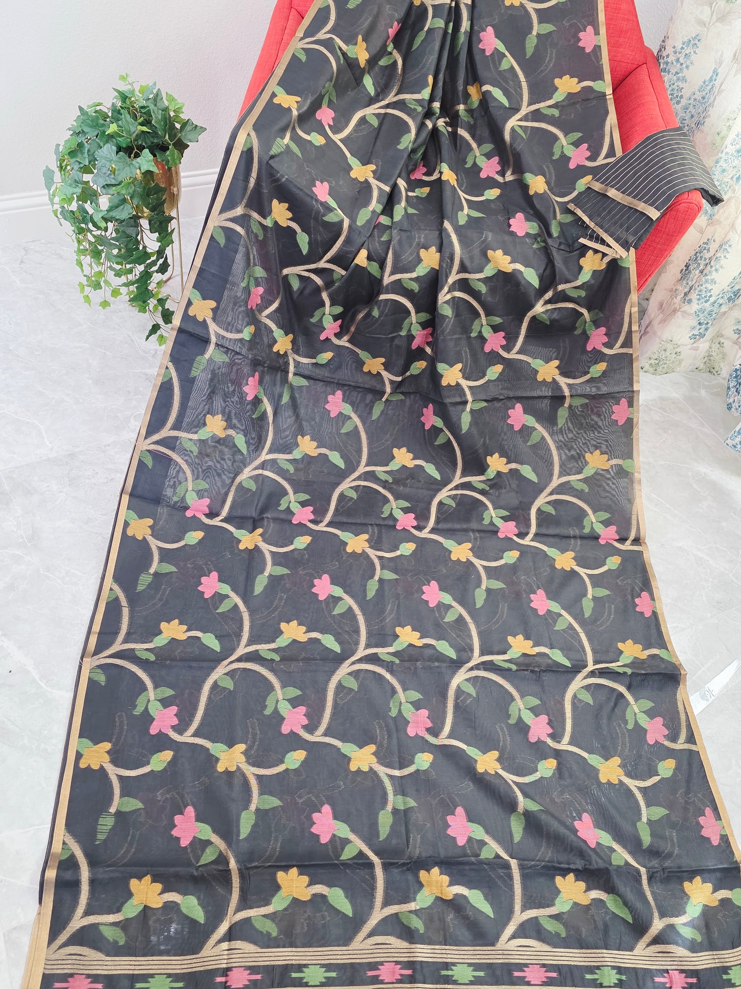 Midnight Noir Garden Jamdani Silk Cotton Saree with Pastel Floral Weave