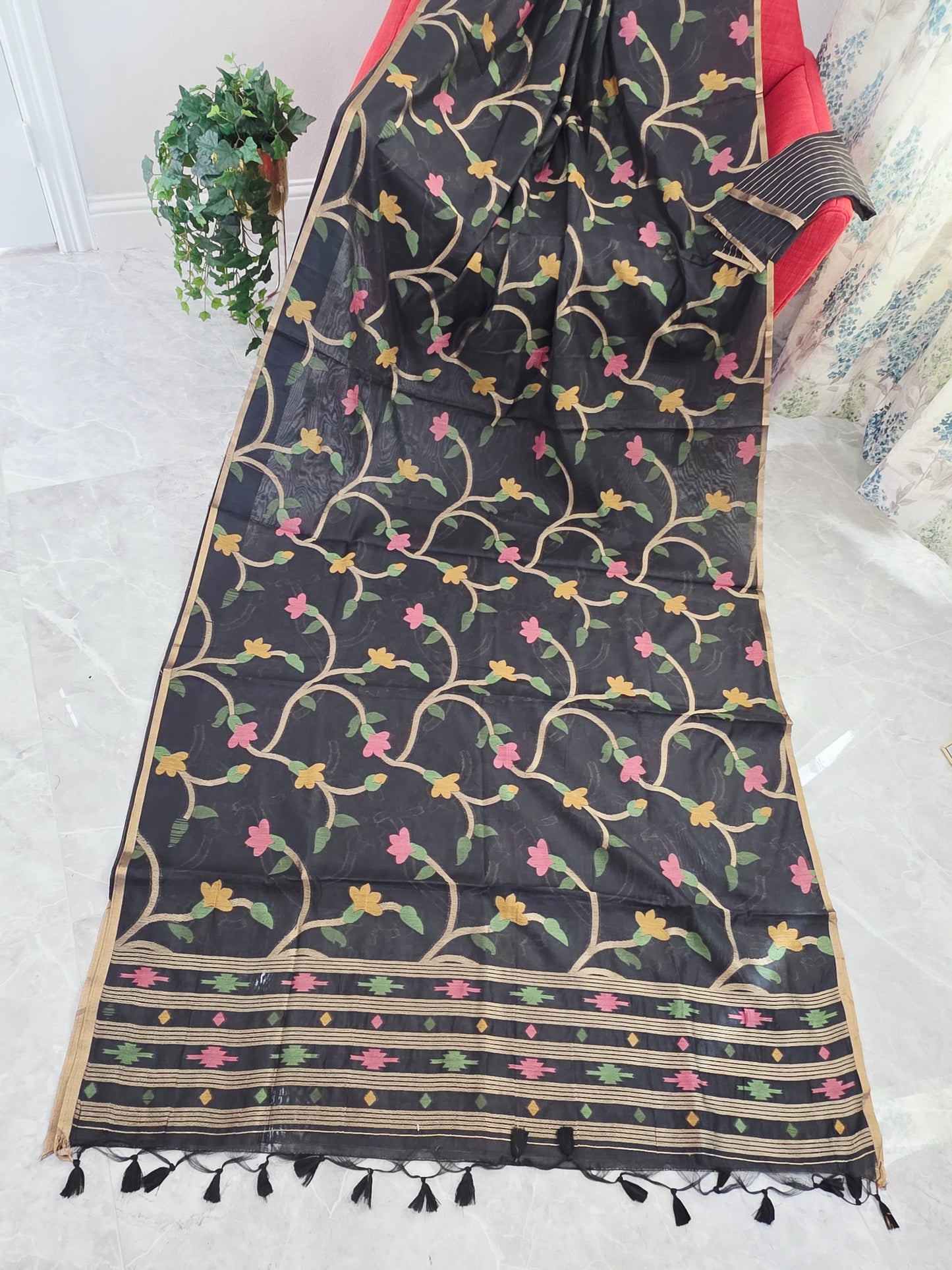 Midnight Noir Garden Jamdani Silk Cotton Saree with Pastel Floral Weave