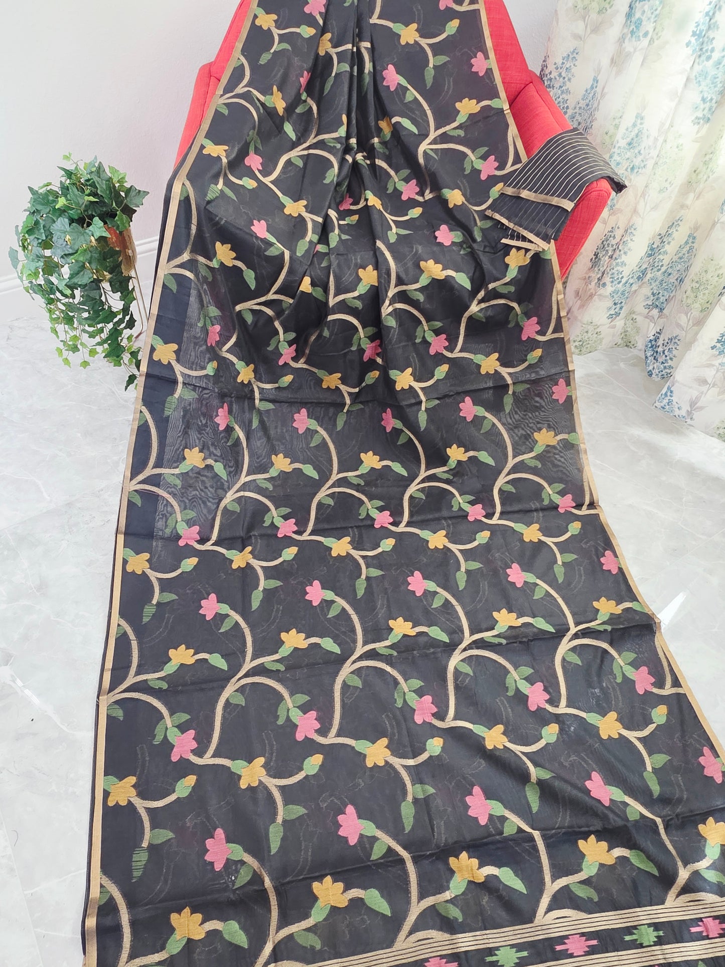 Midnight Noir Garden Jamdani Silk Cotton Saree with Pastel Floral Weave