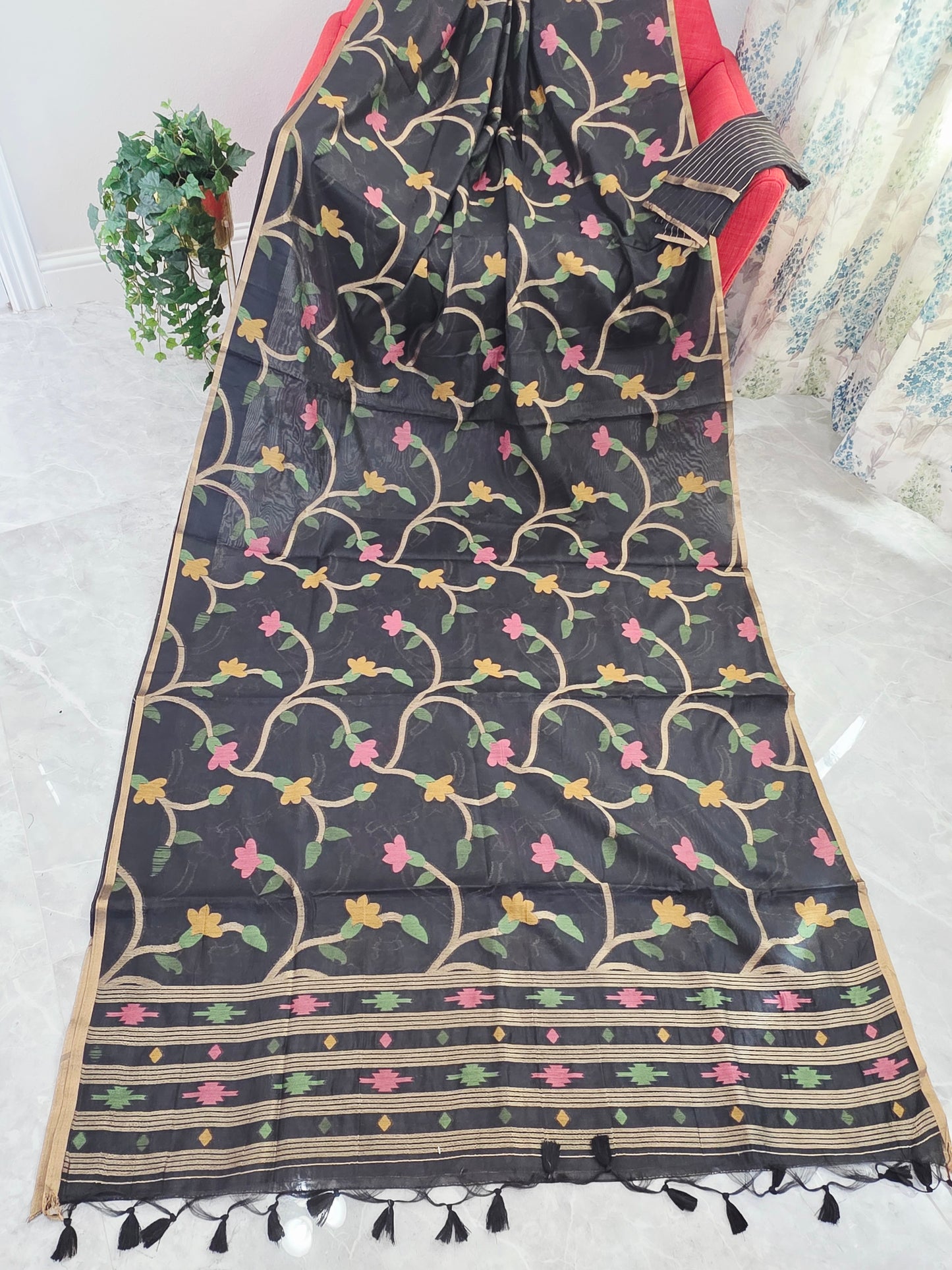 Midnight Noir Garden Jamdani Silk Cotton Saree with Pastel Floral Weave