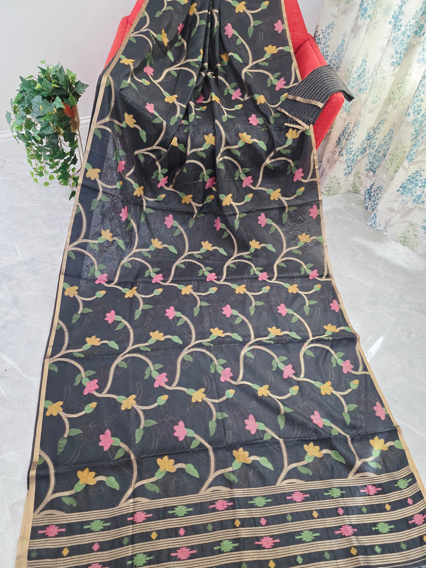 Midnight Noir Garden Jamdani Silk Cotton Saree with Pastel Floral Weave