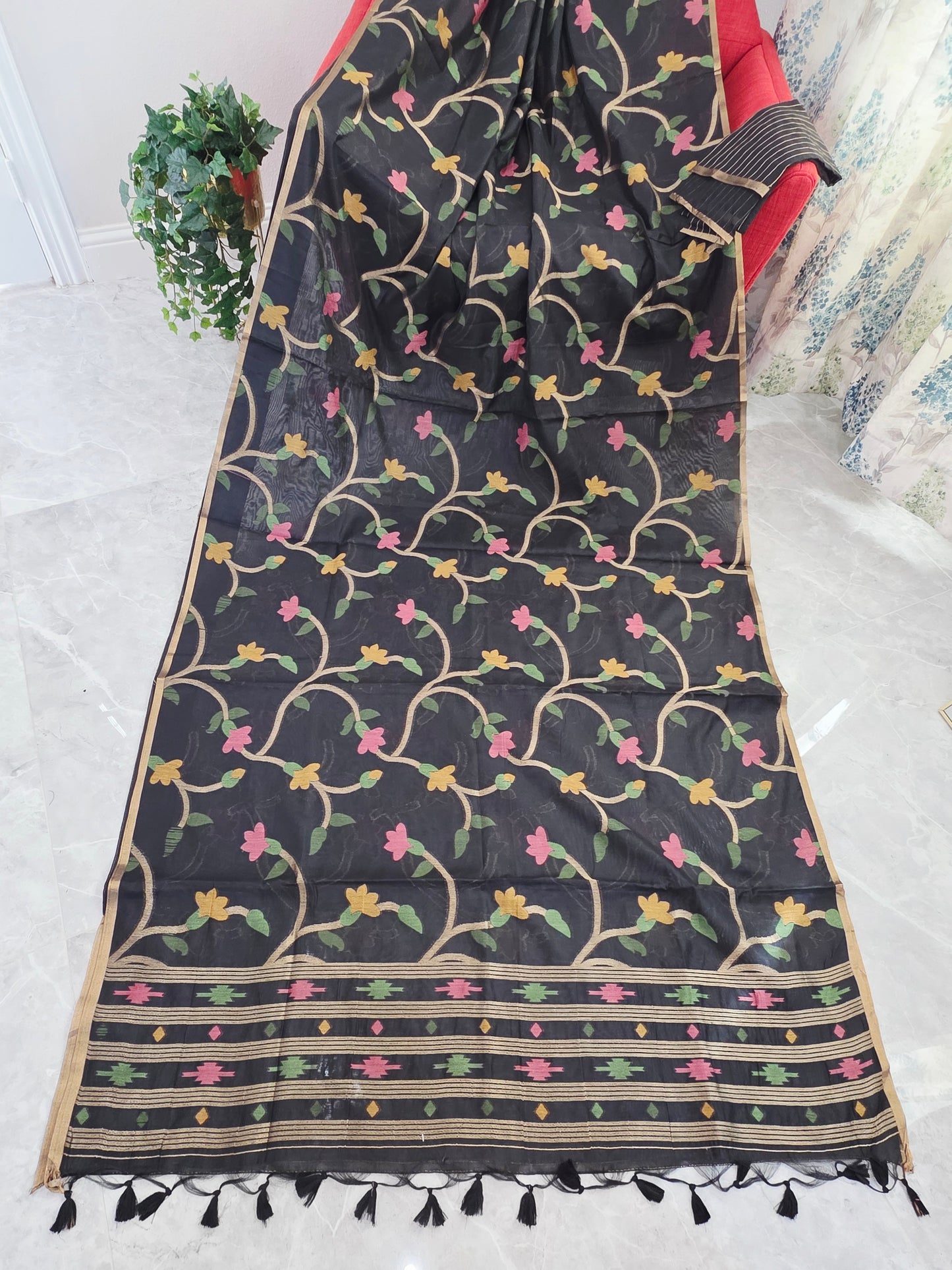 Midnight Noir Garden Jamdani Silk Cotton Saree with Pastel Floral Weave