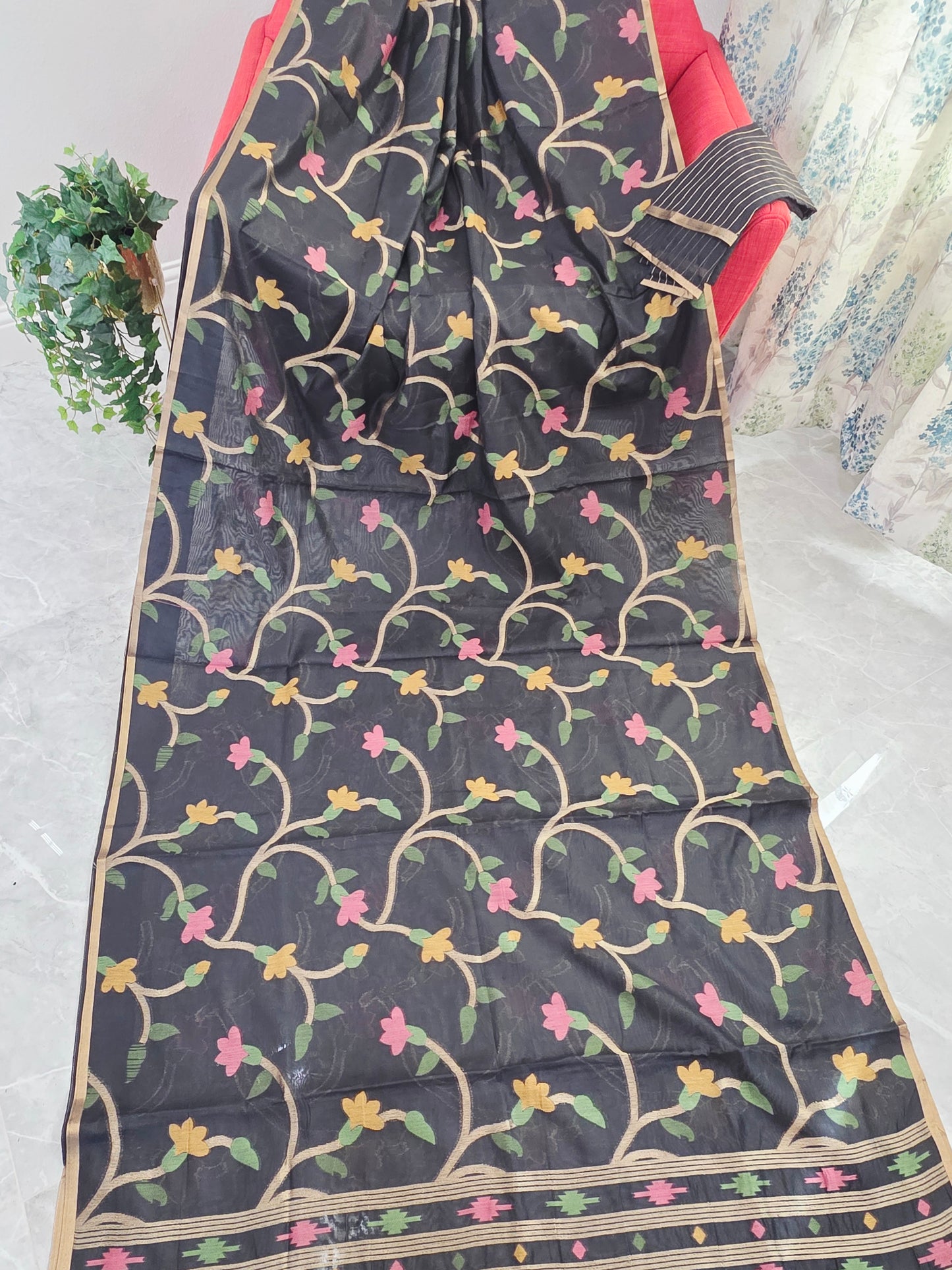 Midnight Noir Garden Jamdani Silk Cotton Saree with Pastel Floral Weave
