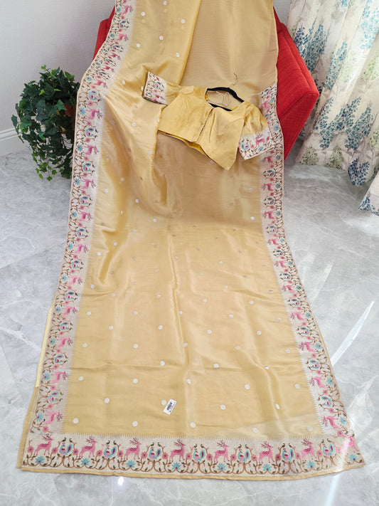 Champagne Gold Soft Tissue Saree with Royal Garden Embroidered Border