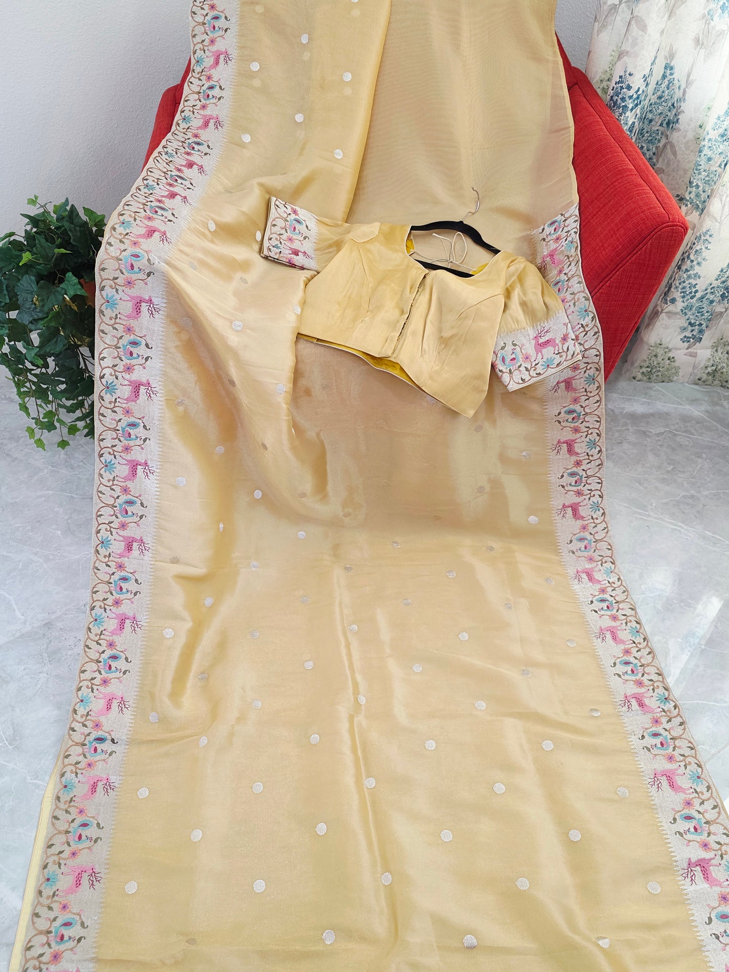 Champagne Gold Soft Tissue Saree with Royal Garden Embroidered Border