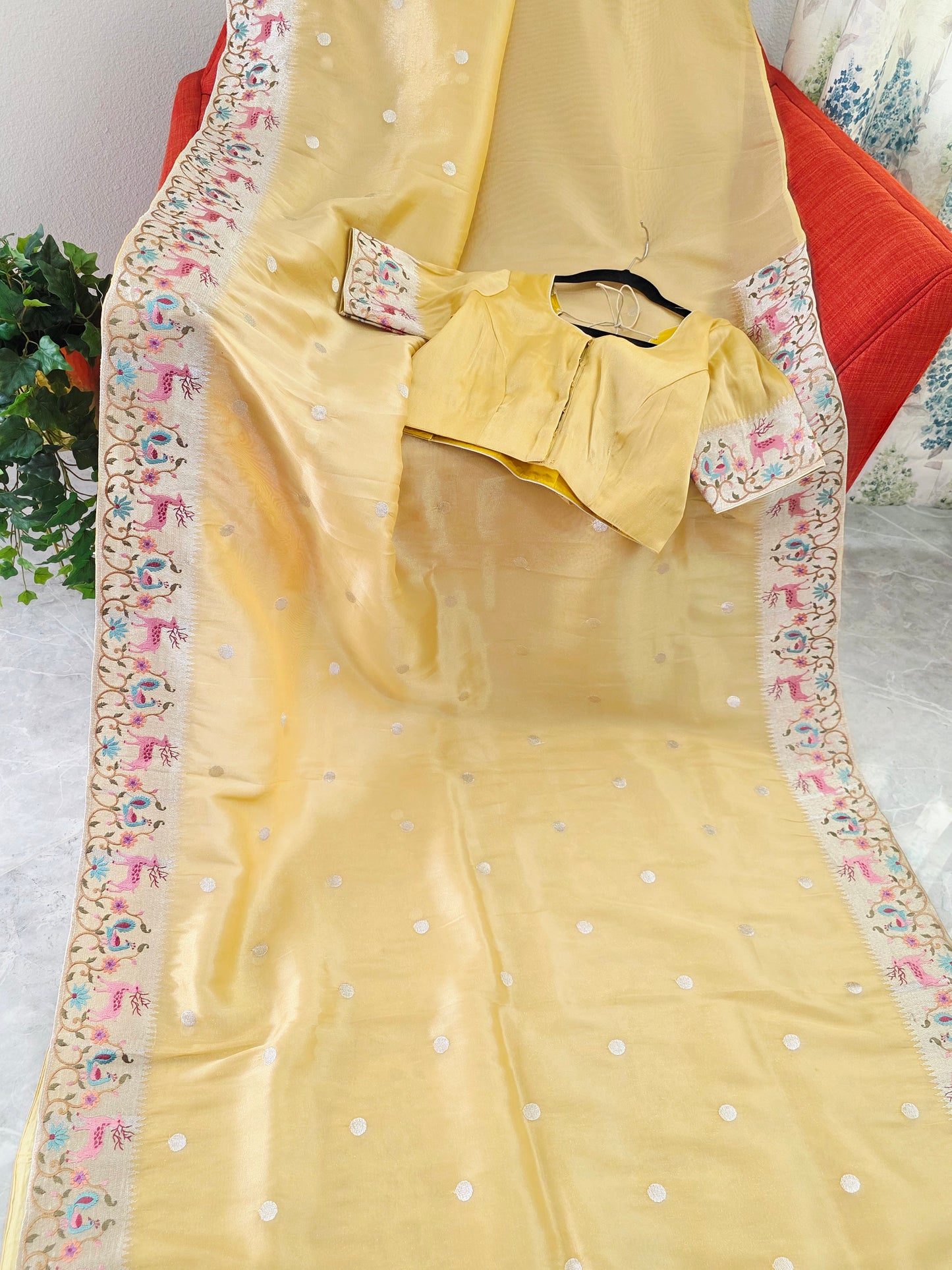 Champagne Gold Soft Tissue Saree with Royal Garden Embroidered Border