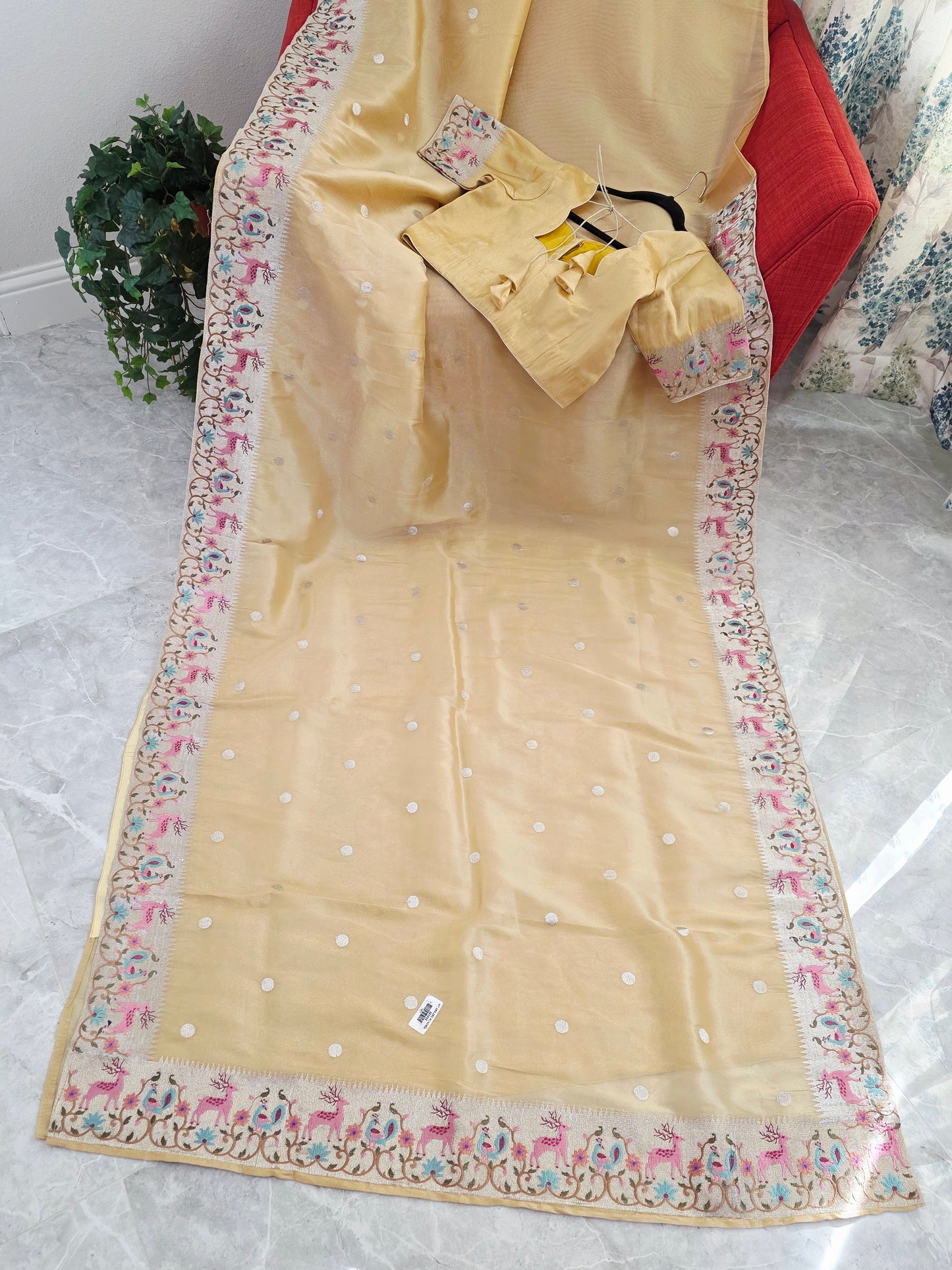 Champagne Gold Soft Tissue Saree with Royal Garden Embroidered Border
