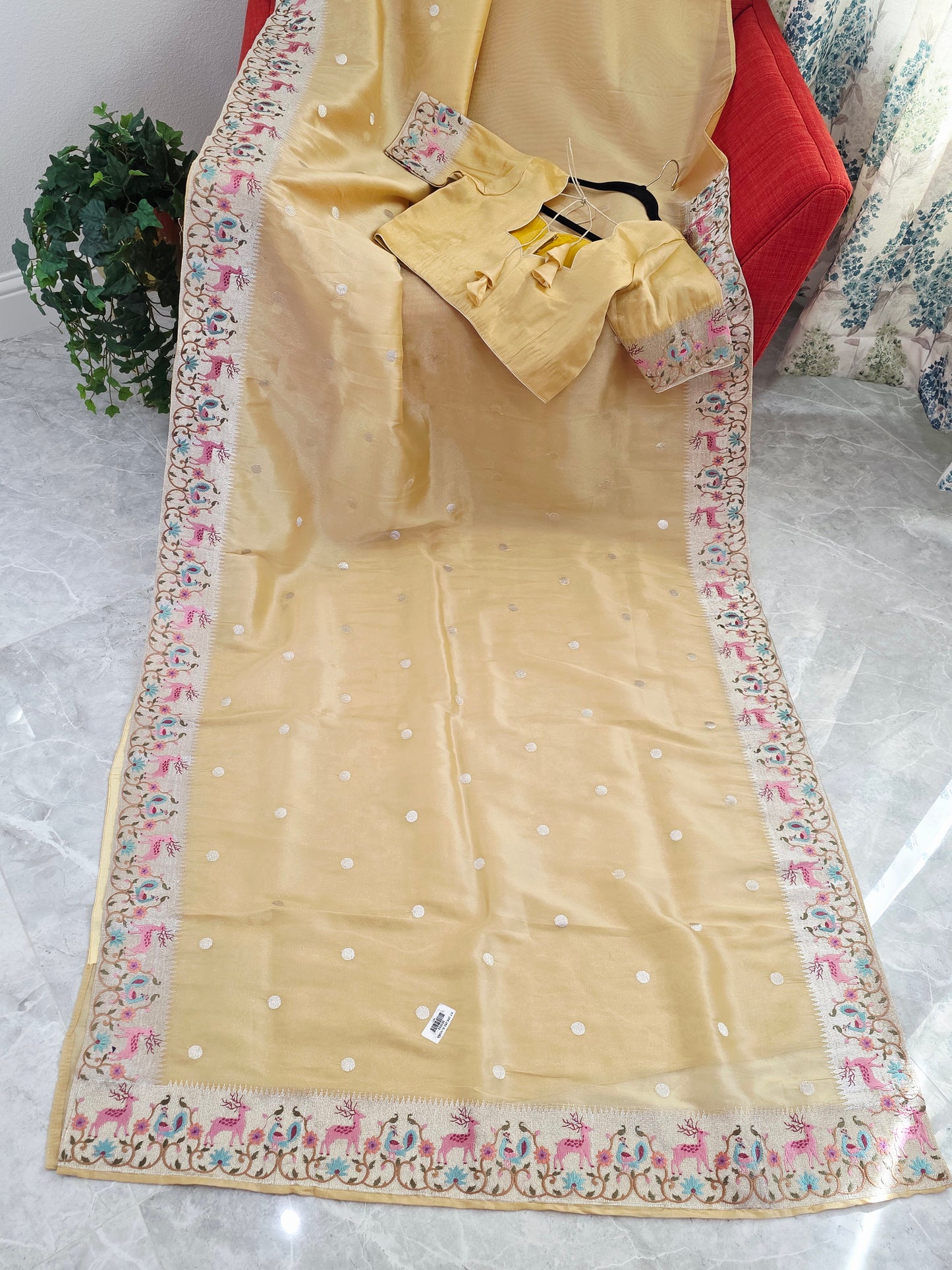 Champagne Gold Soft Tissue Saree with Royal Garden Embroidered Border