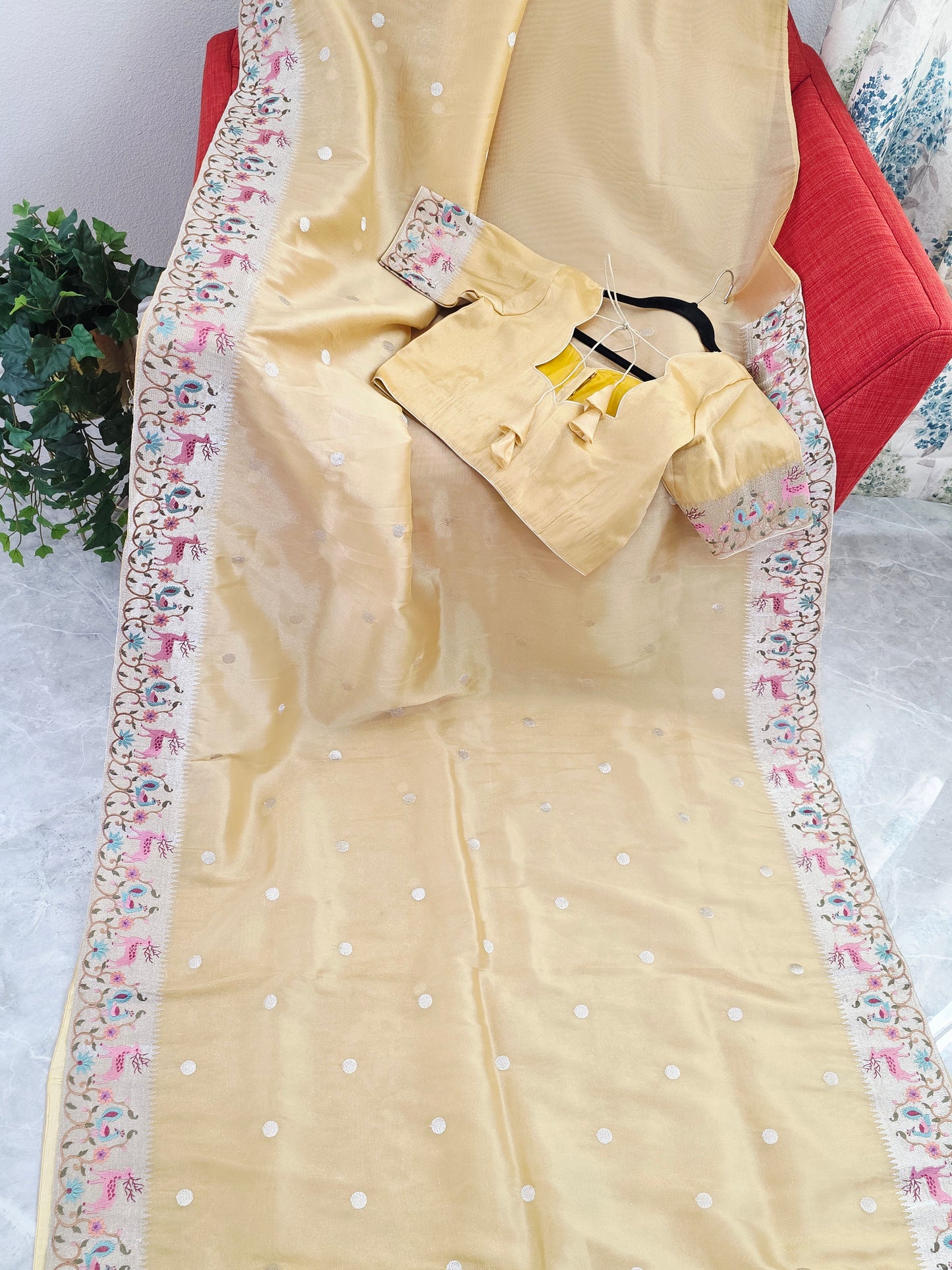 Champagne Gold Soft Tissue Saree with Royal Garden Embroidered Border
