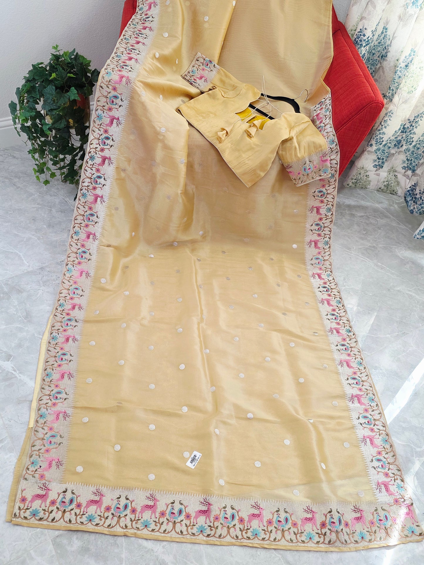 Champagne Gold Soft Tissue Saree with Royal Garden Embroidered Border