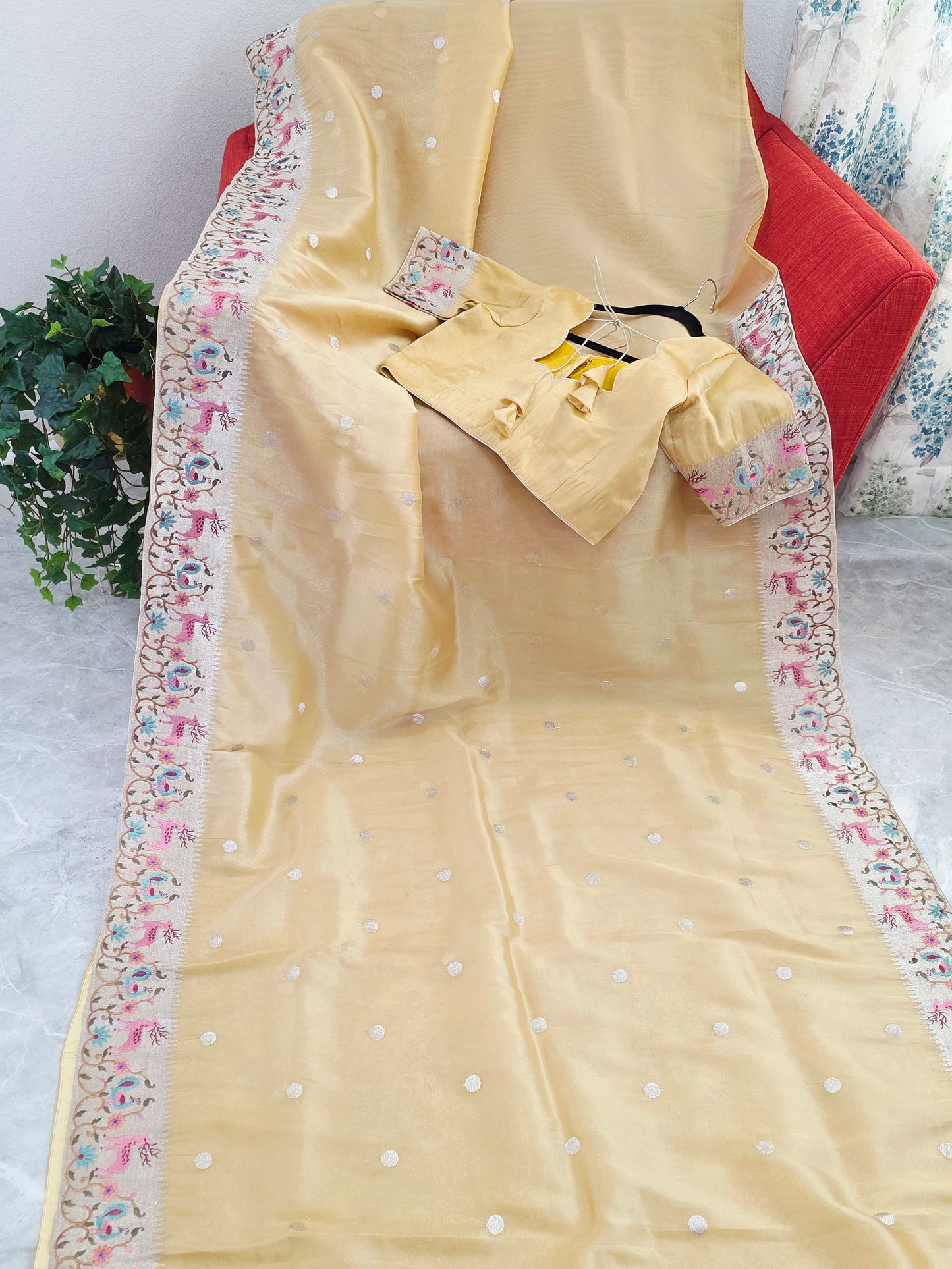 Champagne Gold Soft Tissue Saree with Royal Garden Embroidered Border