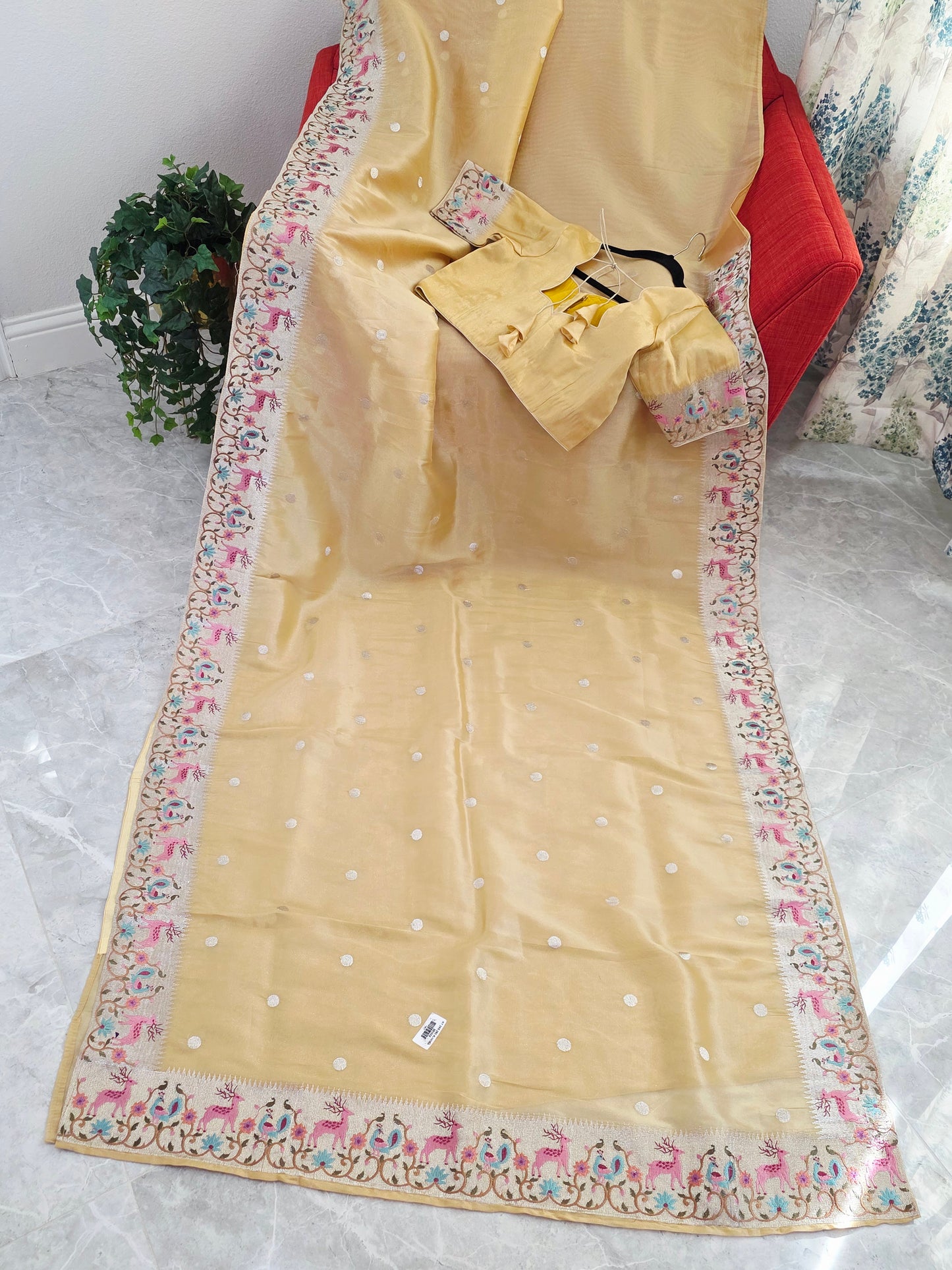 Champagne Gold Soft Tissue Saree with Royal Garden Embroidered Border
