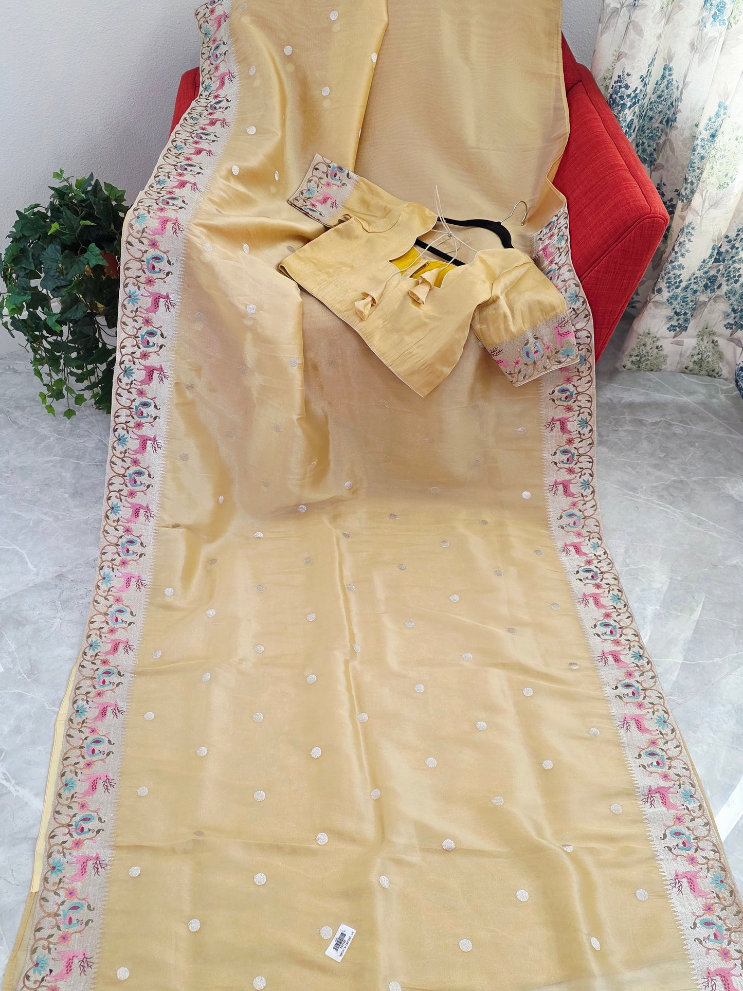 Champagne Gold Soft Tissue Saree with Royal Garden Embroidered Border