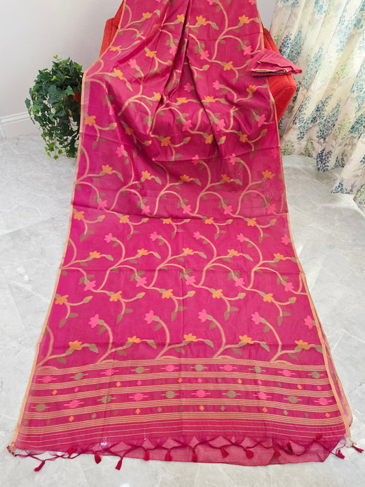 Rose Fuchsia Garden Jamdani Silk Cotton Saree with Gold Vine Weave