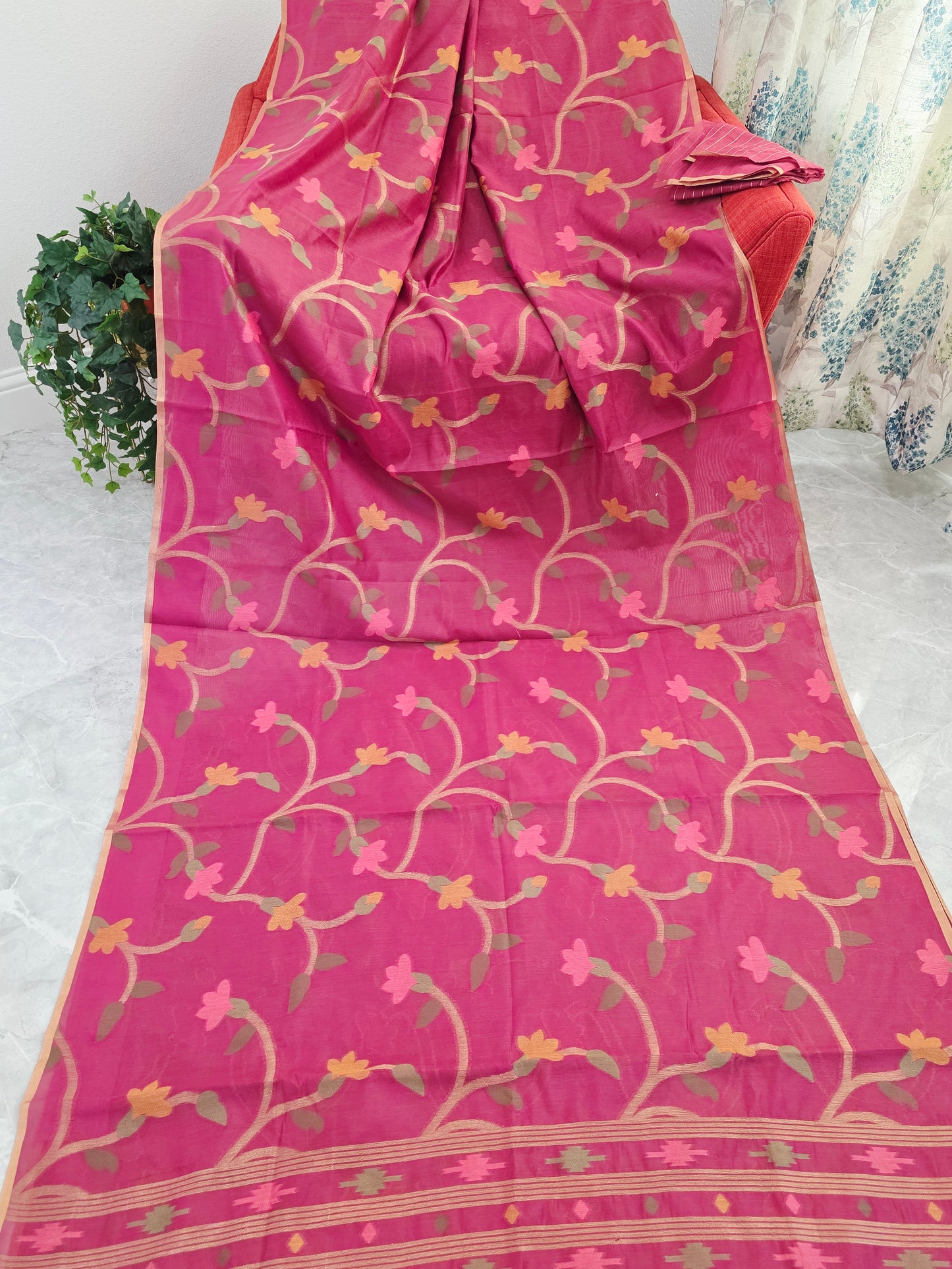 Rose Fuchsia Garden Jamdani Silk Cotton Saree with Gold Vine Weave