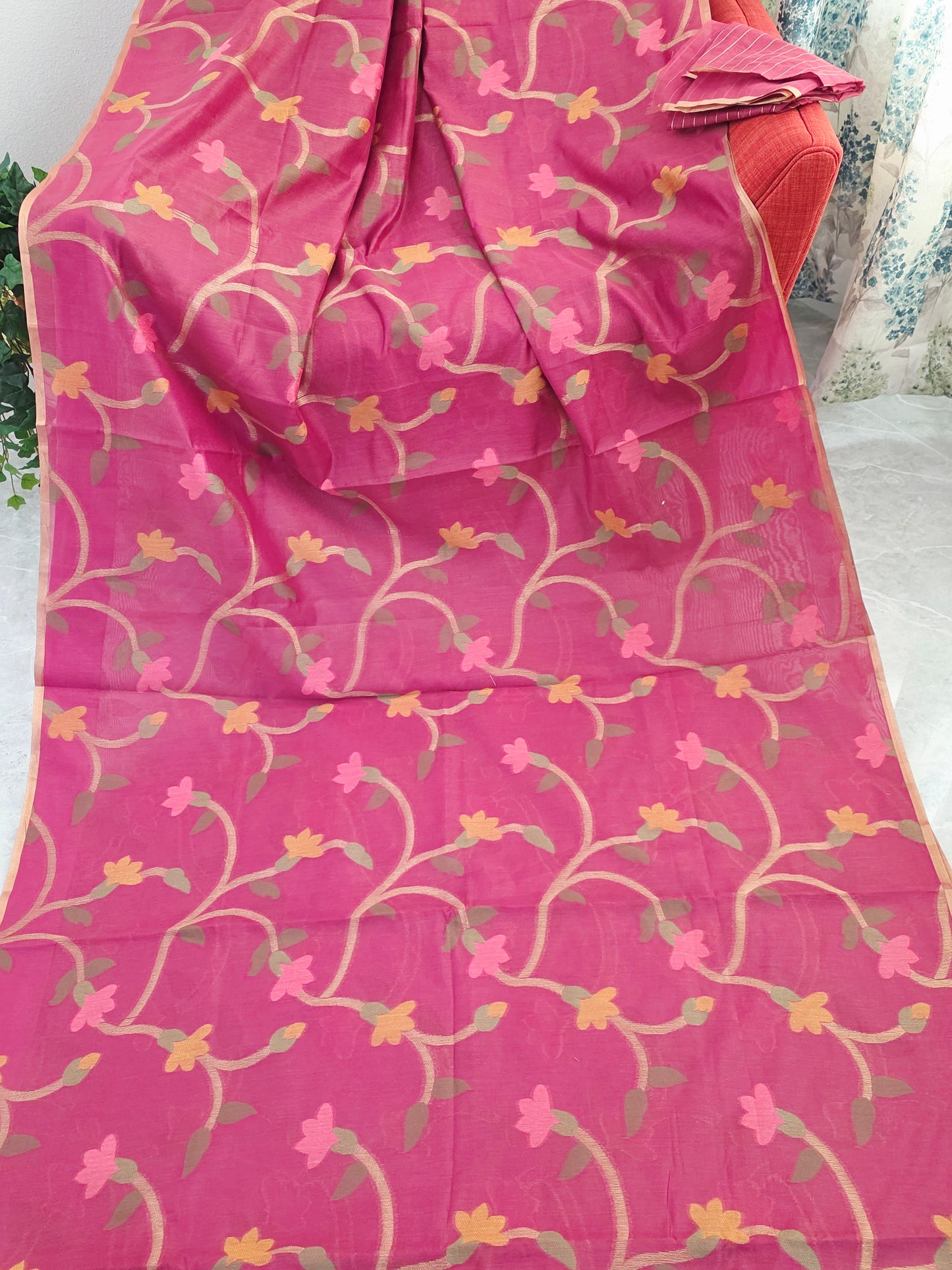 Rose Fuchsia Garden Jamdani Silk Cotton Saree with Gold Vine Weave