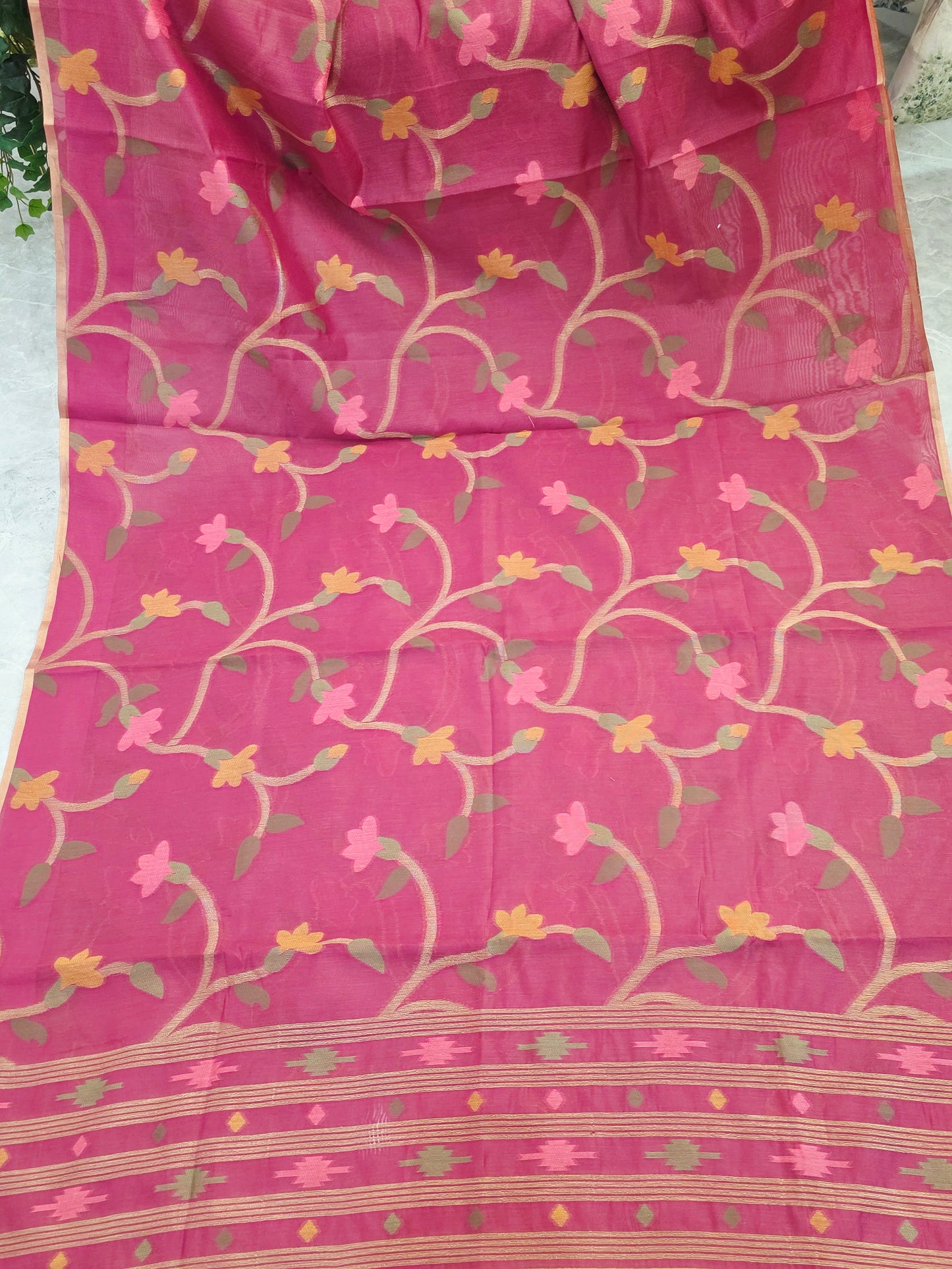 Rose Fuchsia Garden Jamdani Silk Cotton Saree with Gold Vine Weave