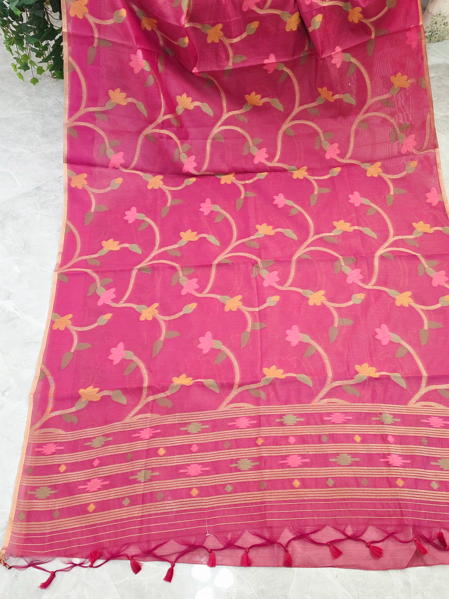 Rose Fuchsia Garden Jamdani Silk Cotton Saree with Gold Vine Weave