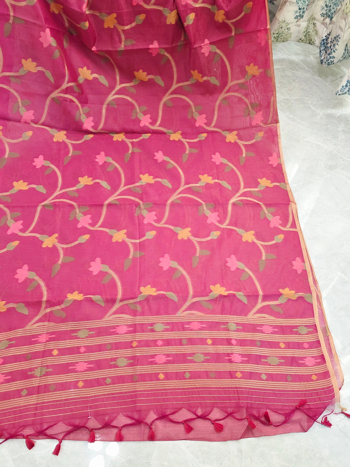Rose Fuchsia Garden Jamdani Silk Cotton Saree with Gold Vine Weave