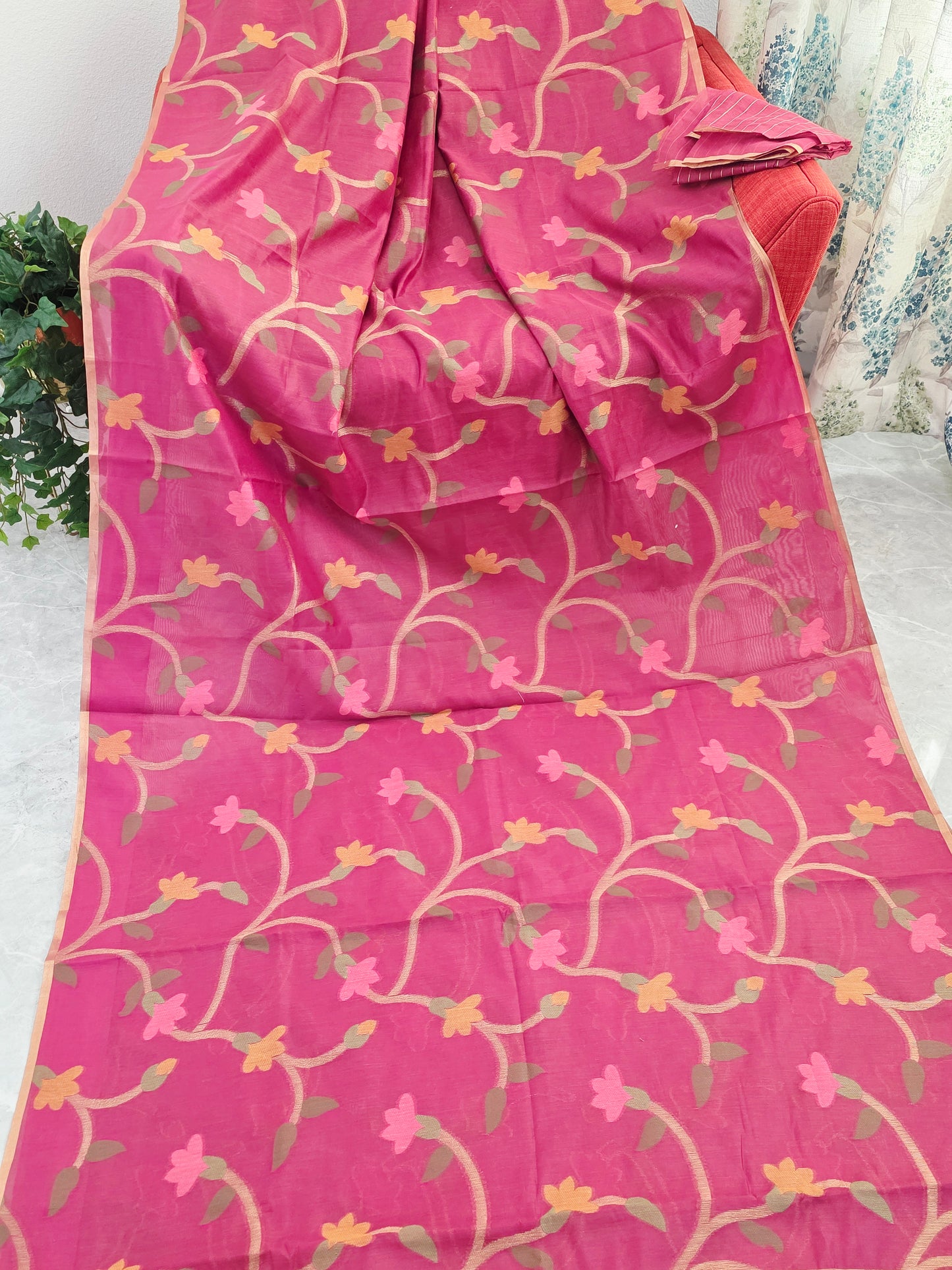 Rose Fuchsia Garden Jamdani Silk Cotton Saree with Gold Vine Weave